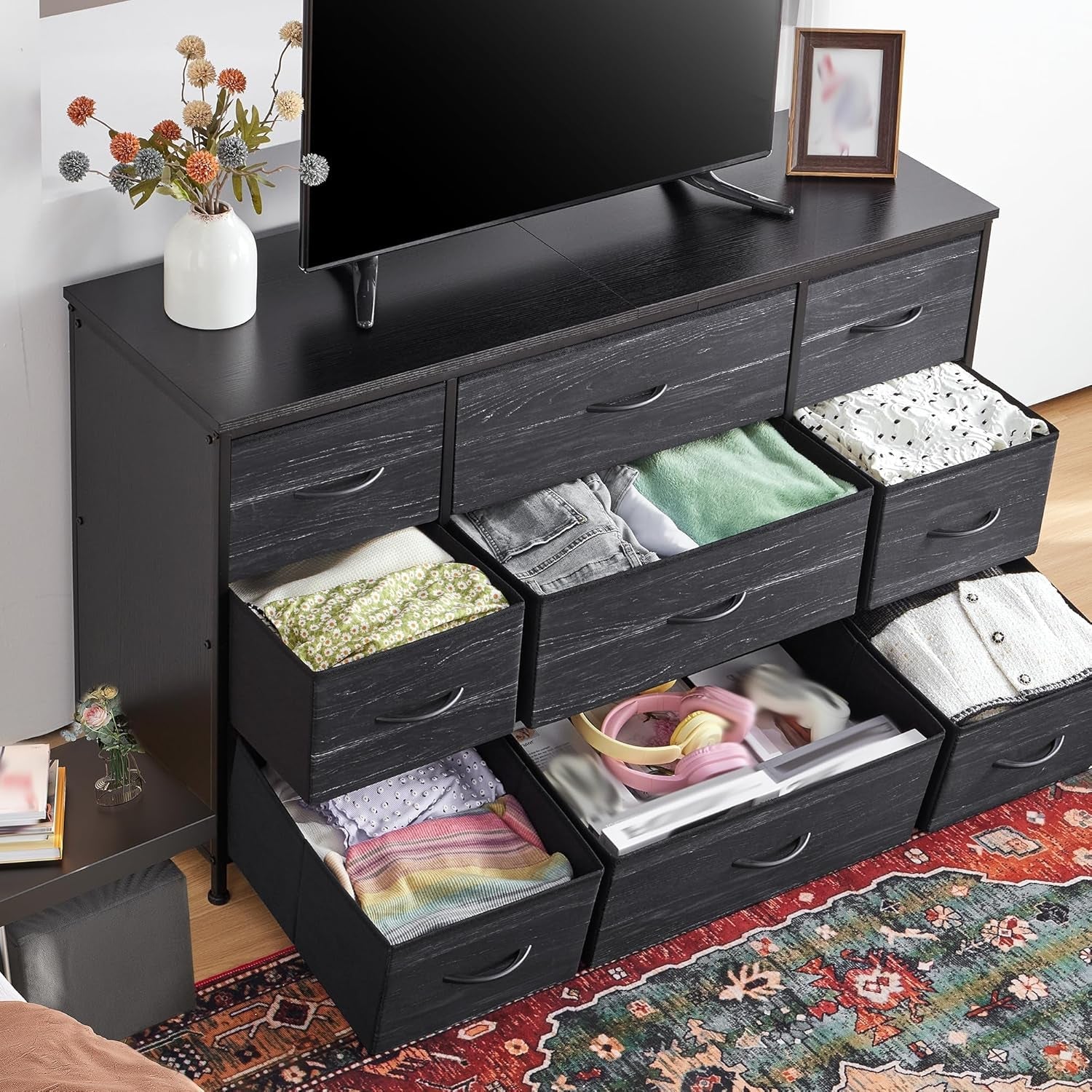 Charcoal Black Dresser With 9 Drawers And TV Stand