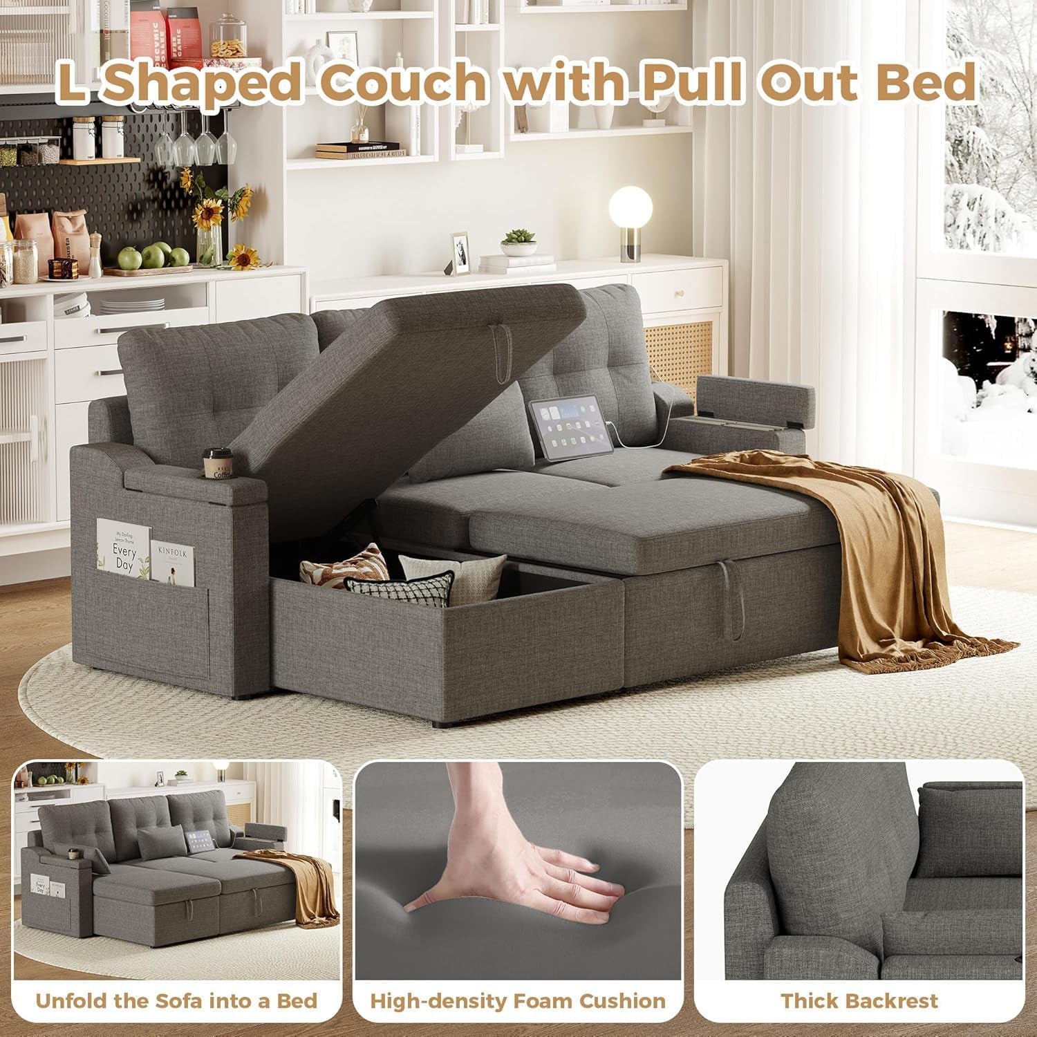 Charcoal LShaped Convertible Sleeper Sofa USB Ports