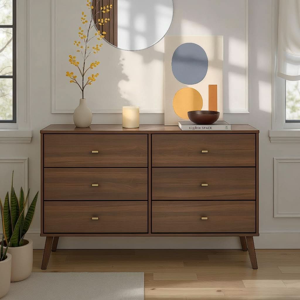 Cherry Laminate 52 Inch Mid Century Six Drawer Dresser