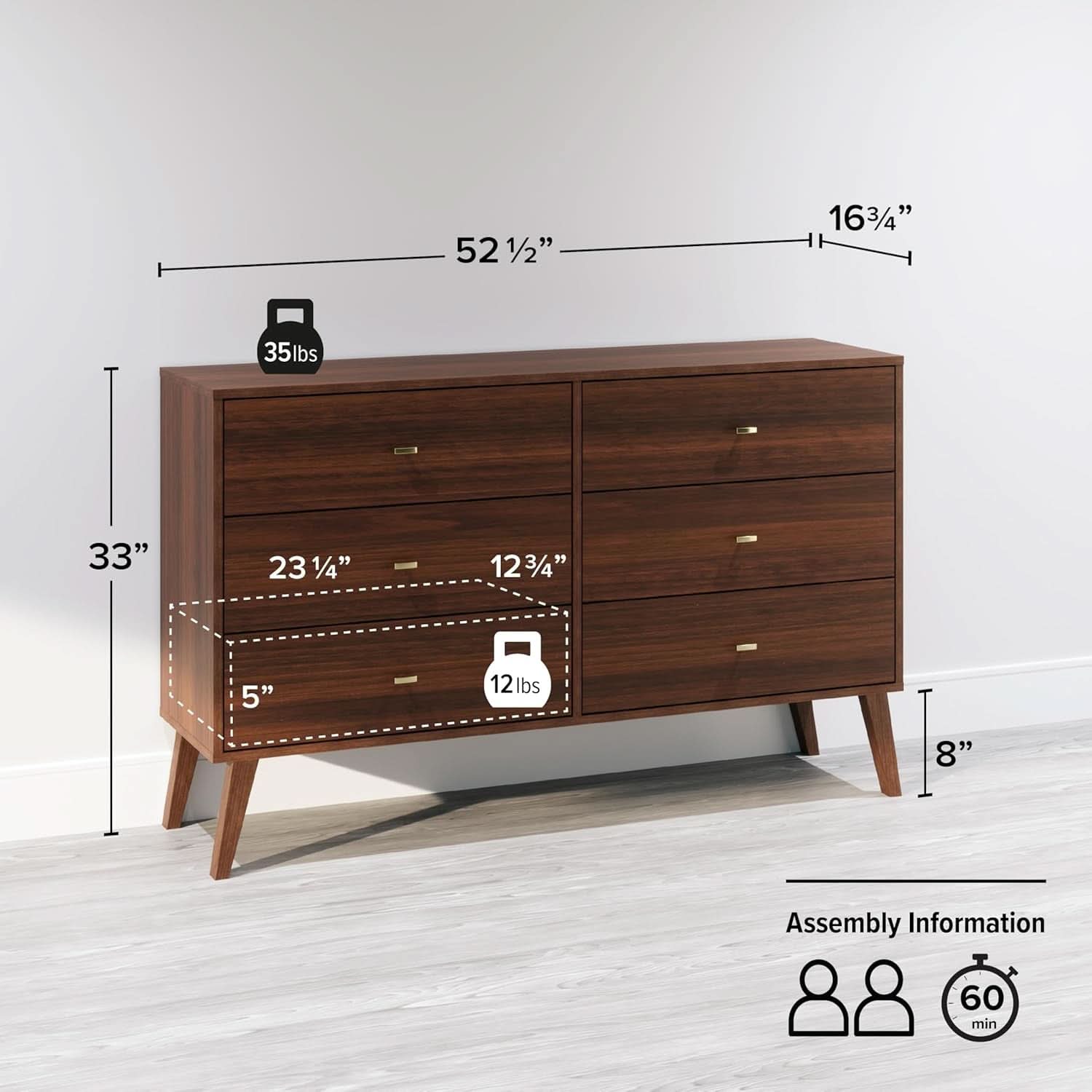 Cherry Laminate 52 Inch Mid Century Six Drawer Dresser