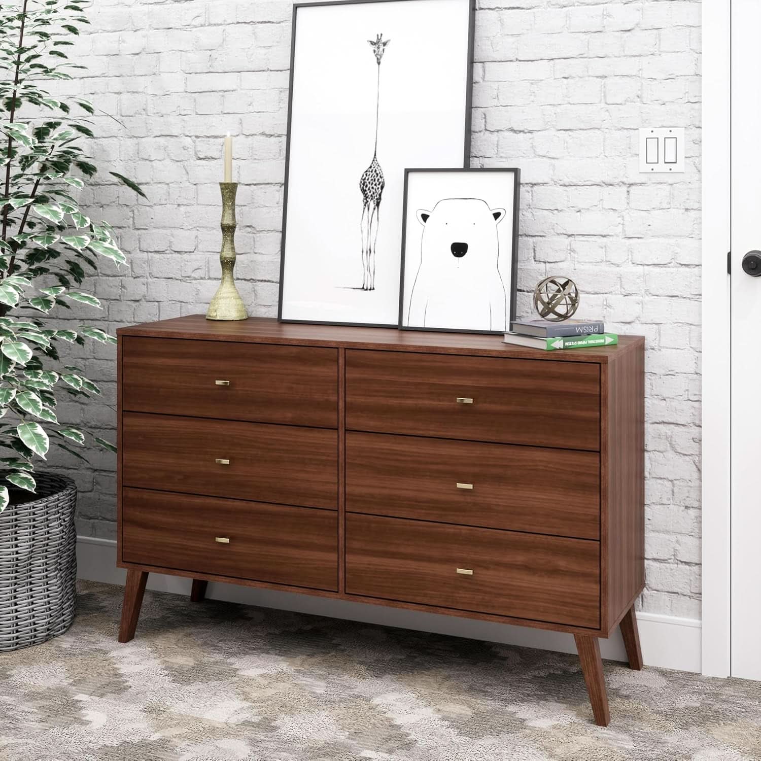 Cherry Laminate 52 Inch Mid Century Six Drawer Dresser