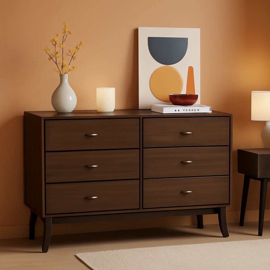 Cherry Laminate 52 Inch Mid Century Six Drawer Dresser