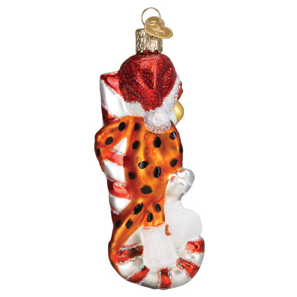 Chester Cheetah On Candy Cane Glass Ornament