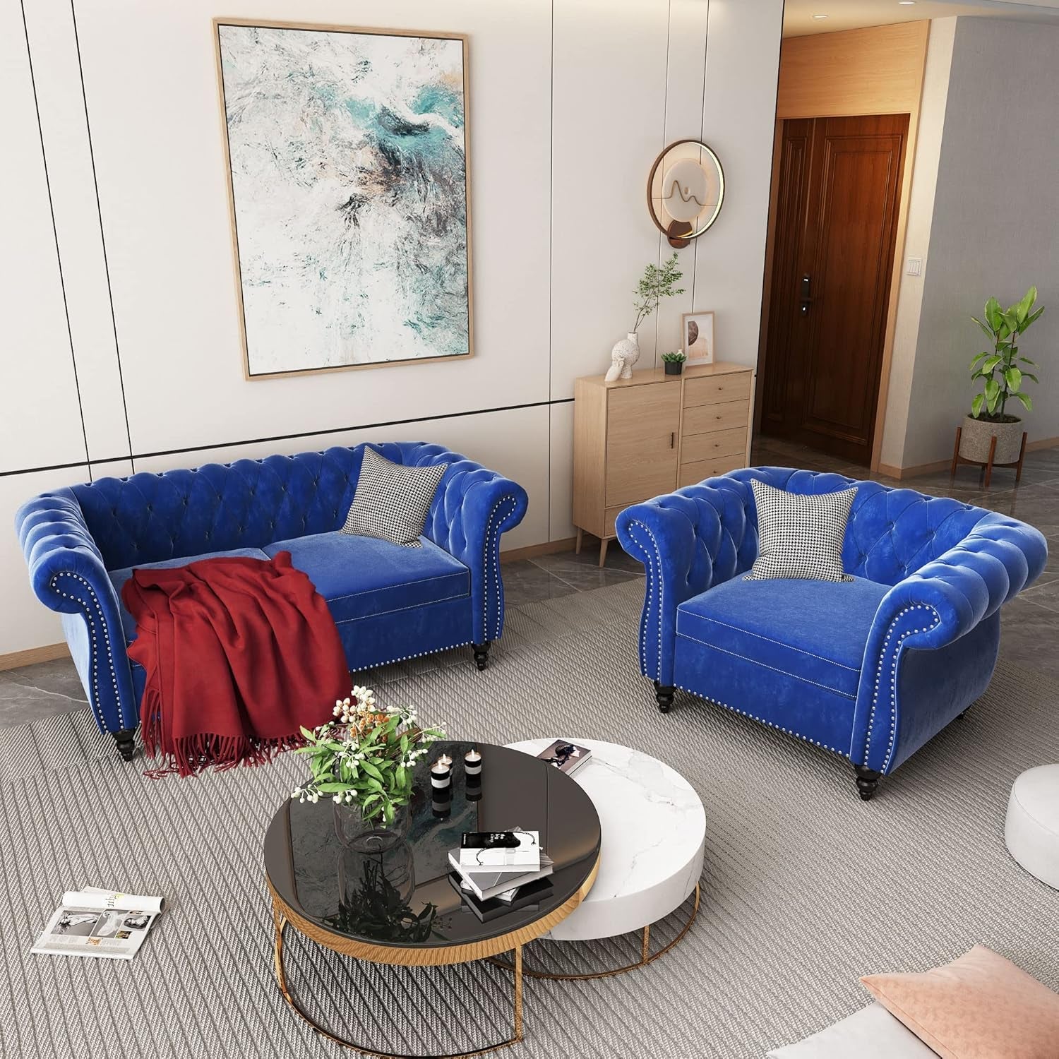 Chesterfield Velvet Sofa Set Blue 2Piece Living Room