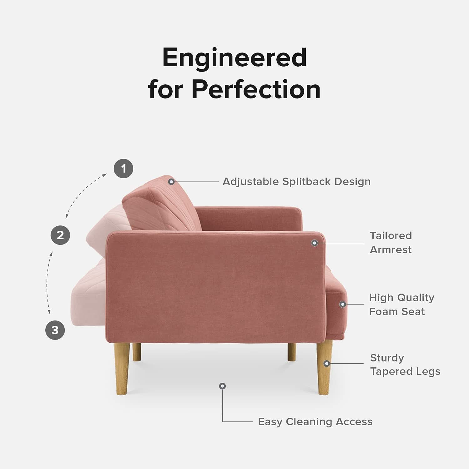Chloe Futon Sofa Bed With Adjustable Back And Tapered Legs