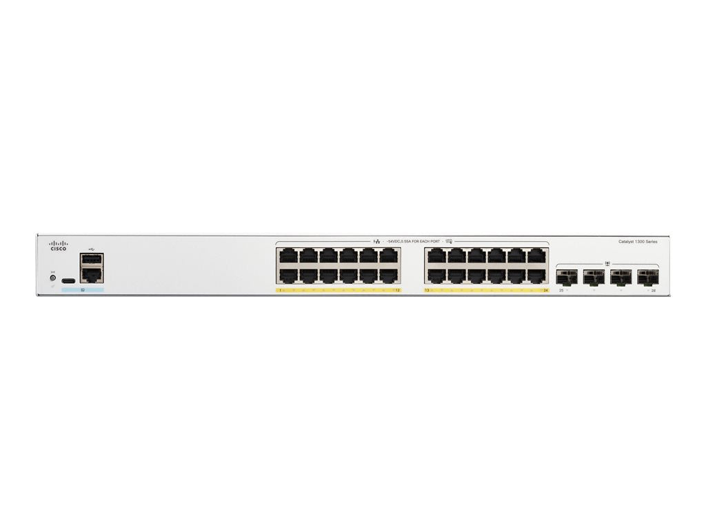 Cisco Catalyst 1300-24FP-4G - Switch - L3 - managed - 24 x 10/100/1000 (PoE+) + 4 x Gigabit SFP - rack-mountable - PoE+ (370 C1300-24FP-4G