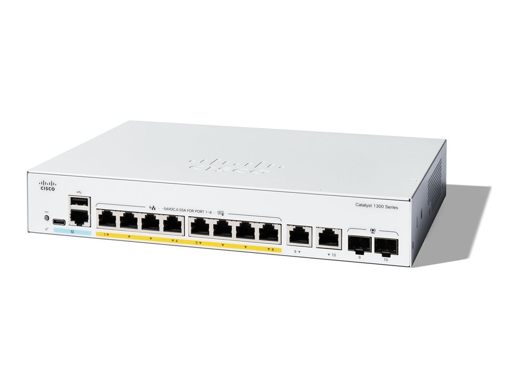 Cisco Catalyst 1300-8P-E-2G - Switch - L3 - managed - 8 x 10/100/1000 (PoE+) + 2 x combo Gigabit SFP/RJ-45 - rack-mountable - C1300-8P-E-2G