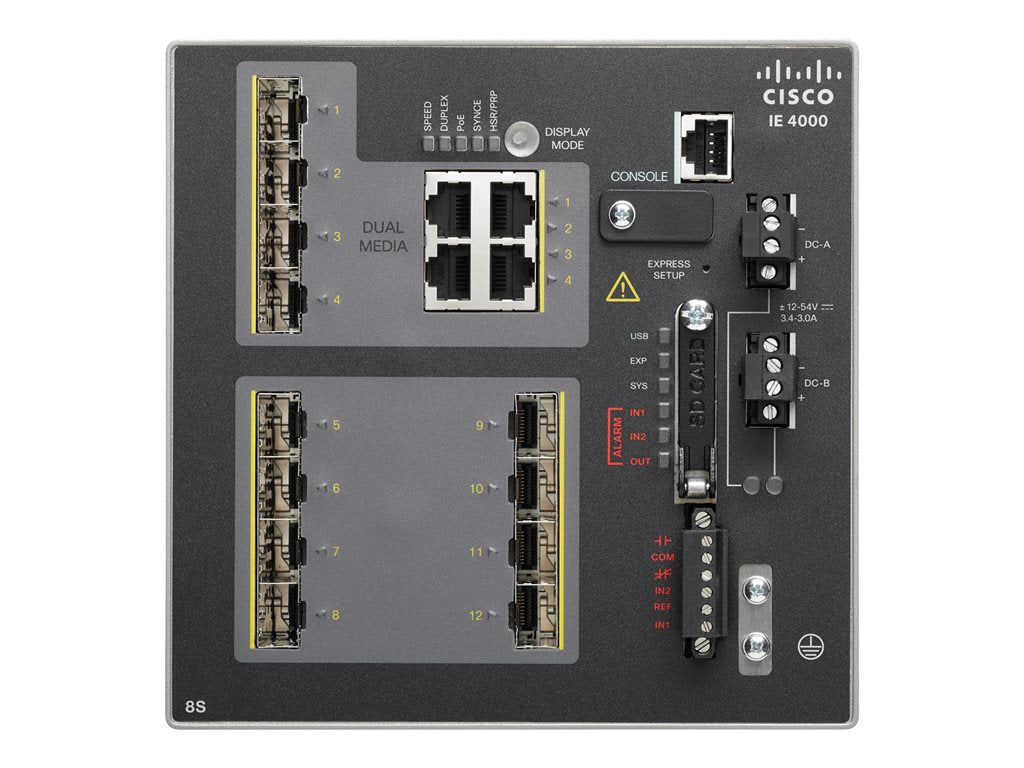 Cisco Industrial Ethernet 4000 Series - Switch - managed - 8 x SFP + 4 x combo Gigabit SFP - DIN rail mountable - DC