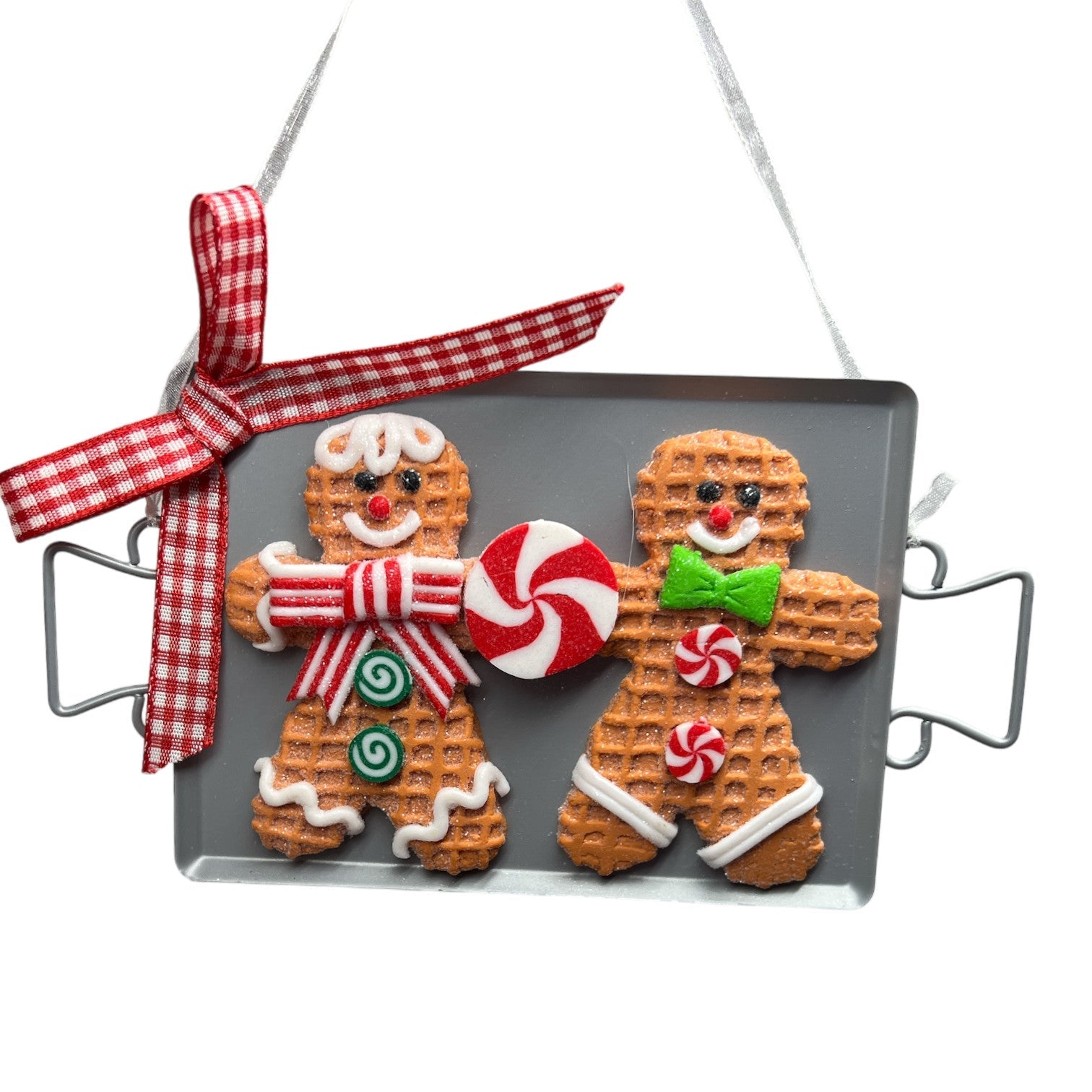 Clay Dough Gingerbread Cookies on Metal Pan Ornament Stripe Bow