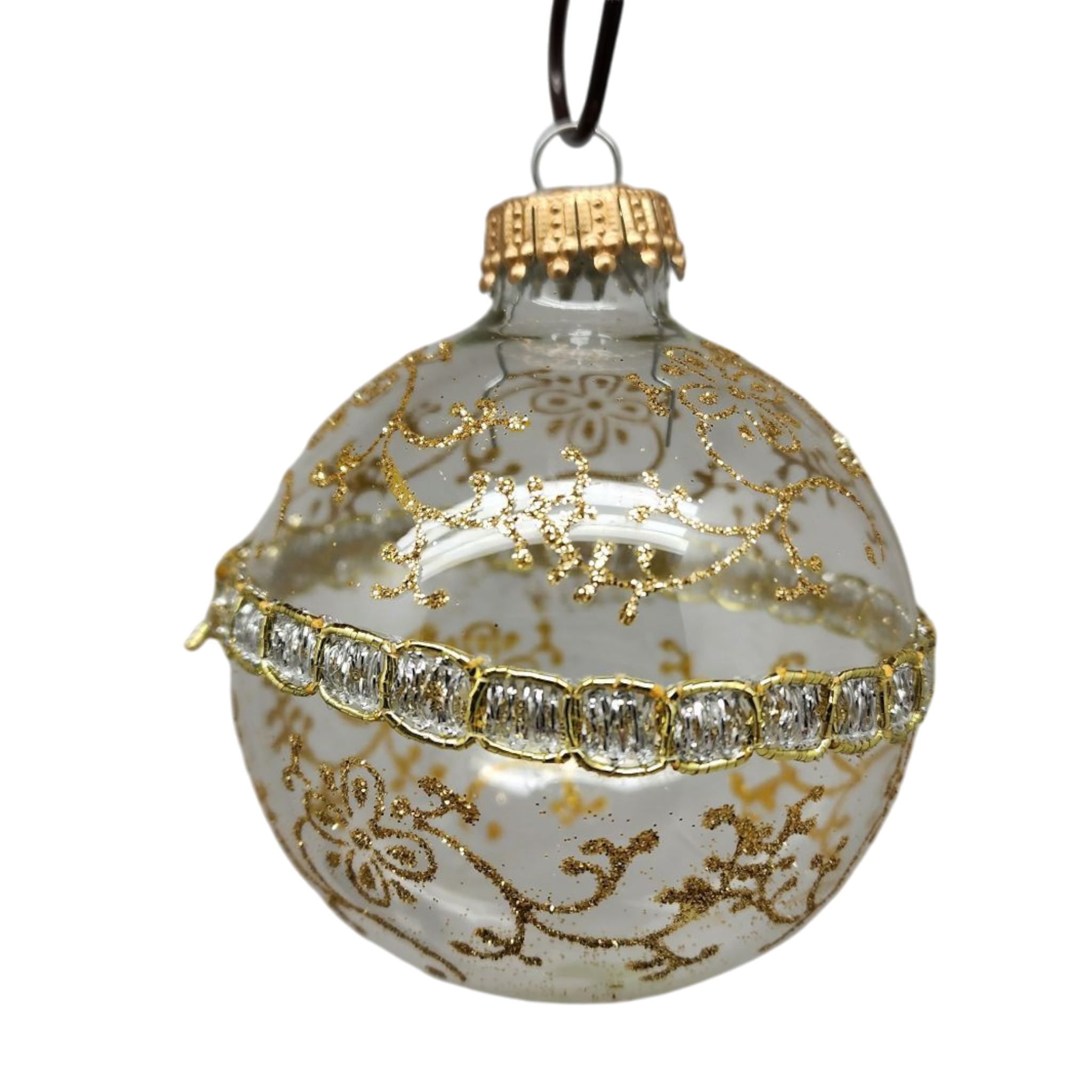 Clear and Frosted Gold Glitterlace and Braid Ball Ornaments - 4 Piece Set