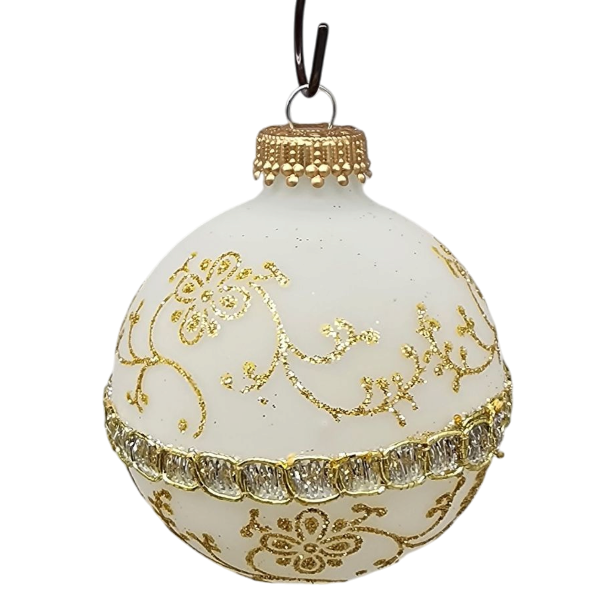 Clear and Frosted Gold Glitterlace and Braid Ball Ornaments - 4 Piece Set