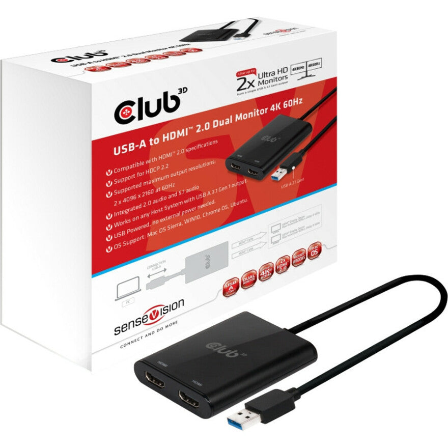 Club 3D USB A to HDMI 2.0 Dual Monitor 4K 60Hz CSV-1474