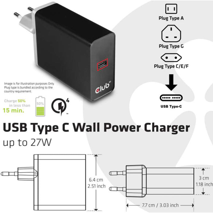 Club 3D USB Type C Power Charger Up to 27W CAC-1901