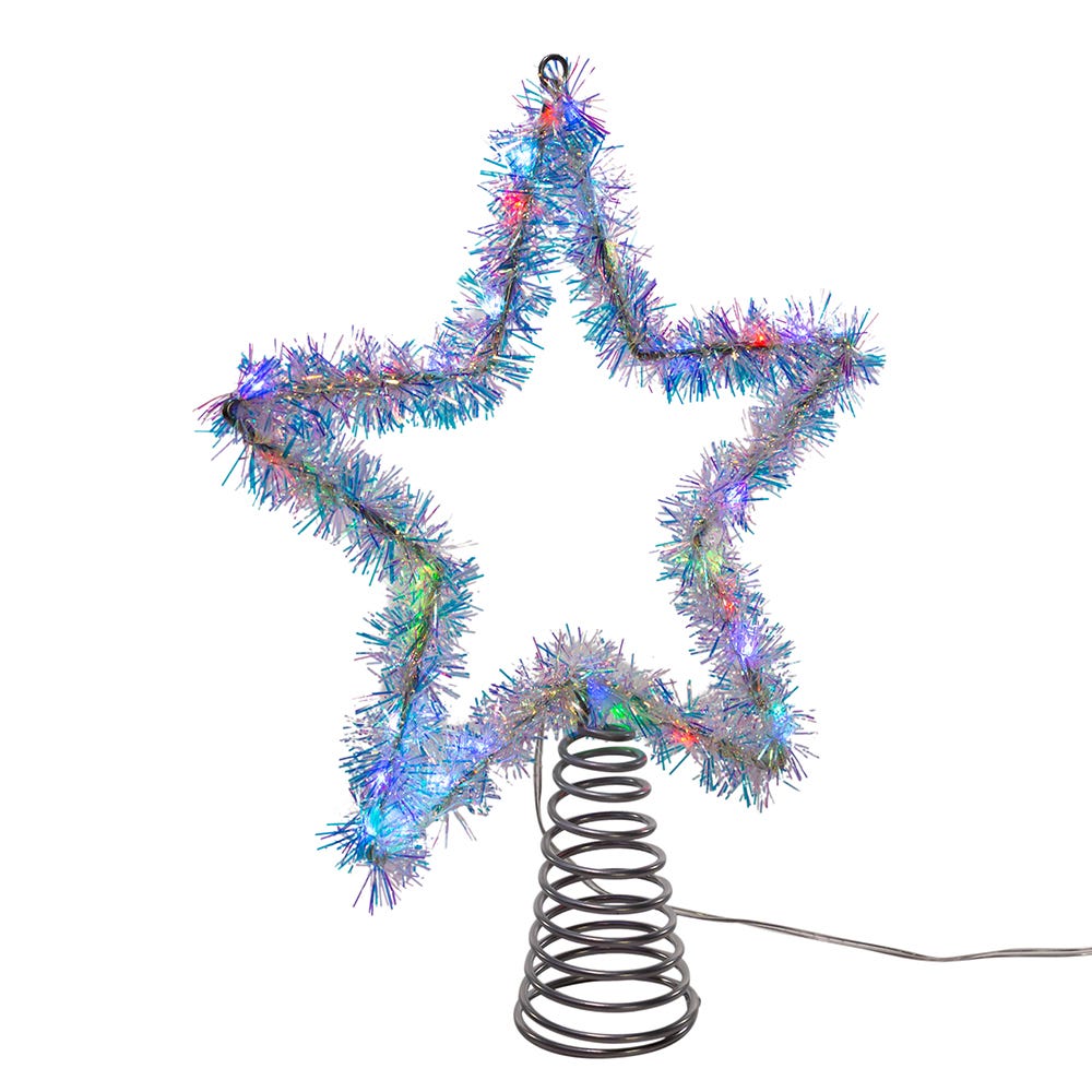 Color Changing LED Silver Tinsel Star Treetop - 12 Inch