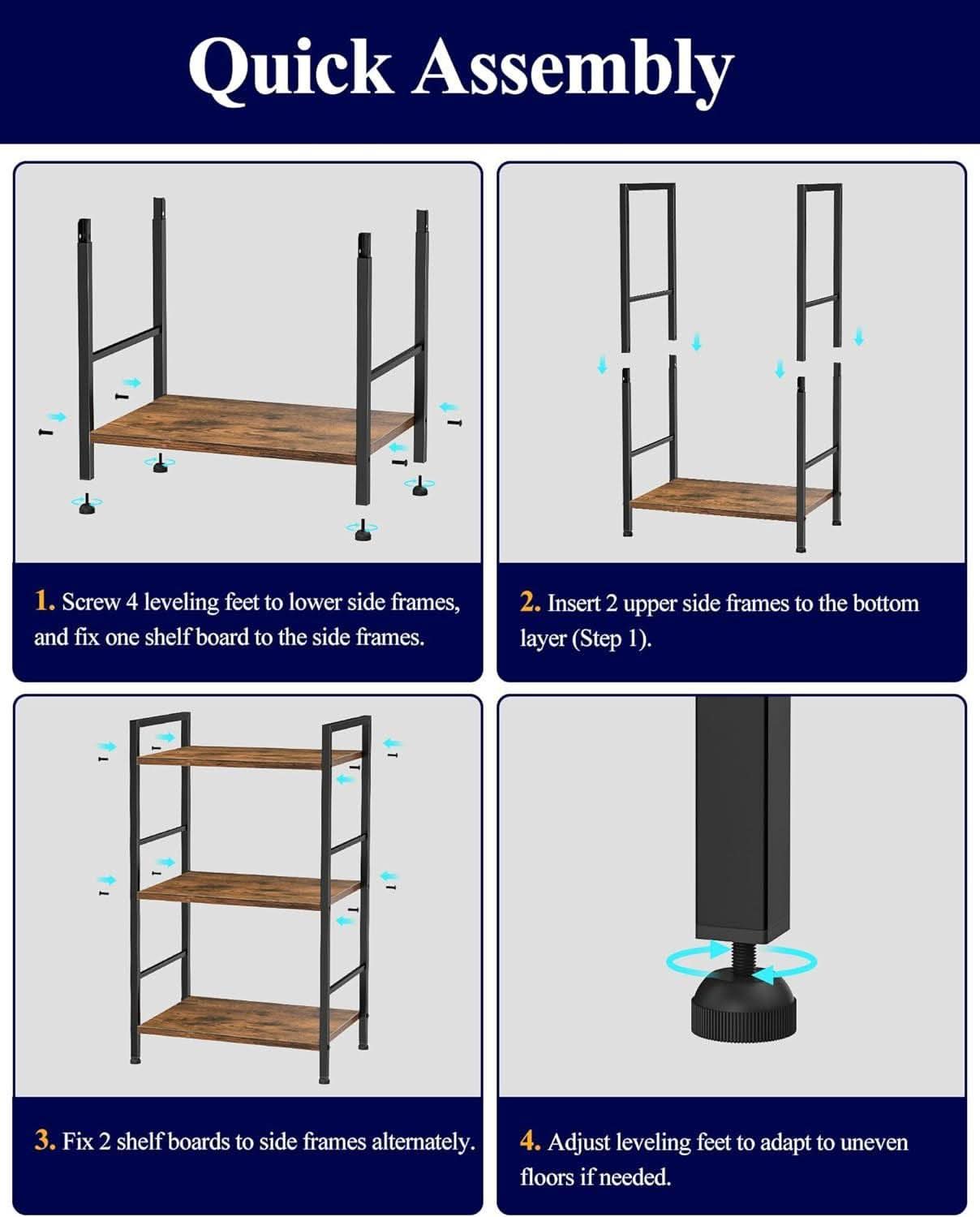 Compact 3 Tier Wood Metal Bookshelf With Adjustable Feet
