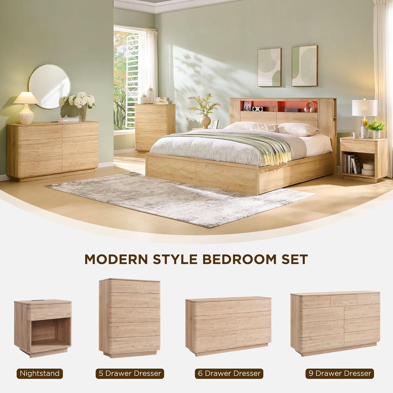 Contemporary 52 Inch Wide Nine Drawer Dresser Oak Finish