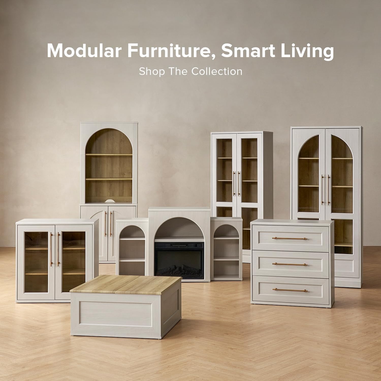 Contemporary White Oak Arched Storage Cabinet Brass Handles
