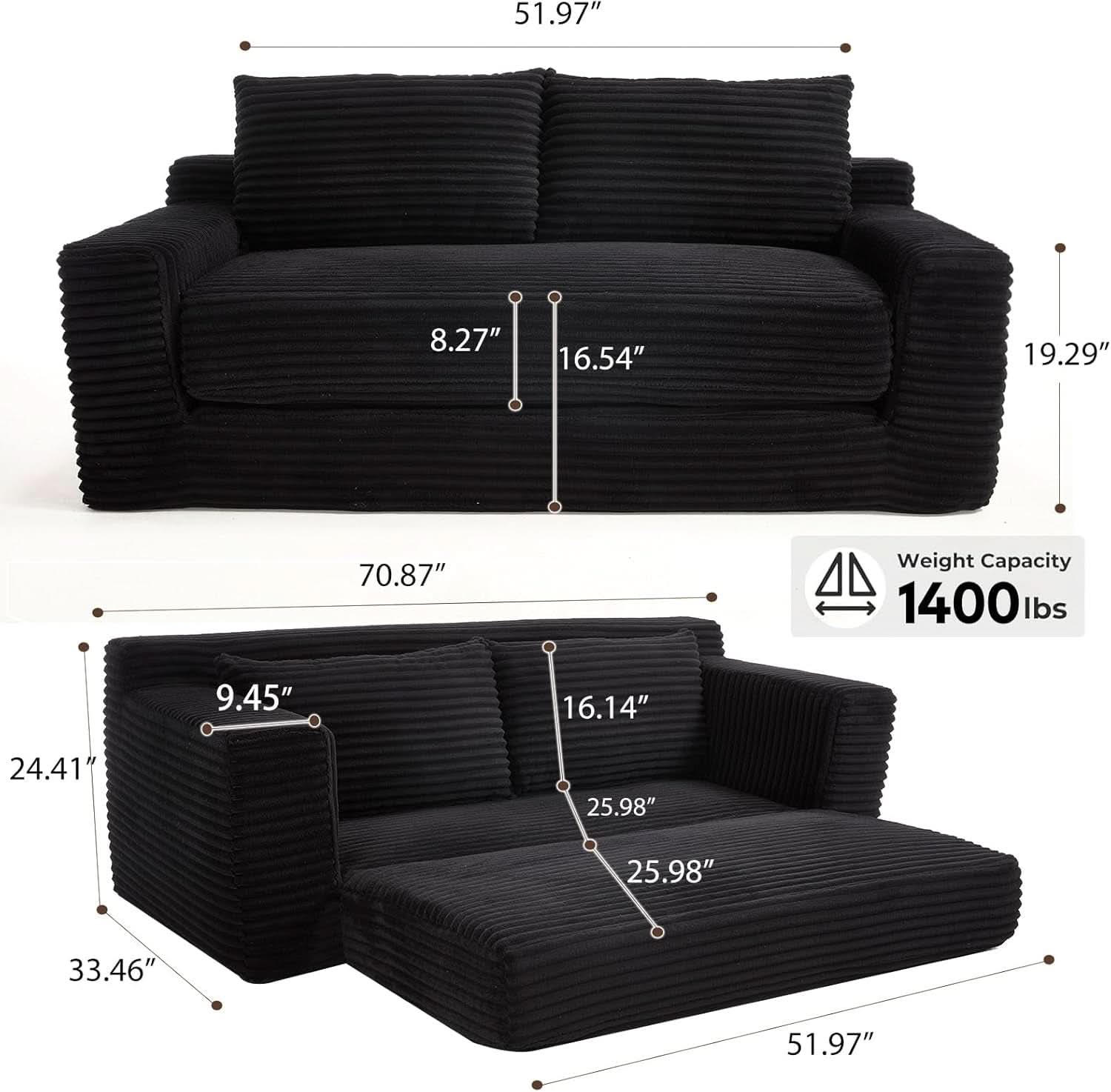 Convertible Corduroy Love Seat Sofa for Small Spaces