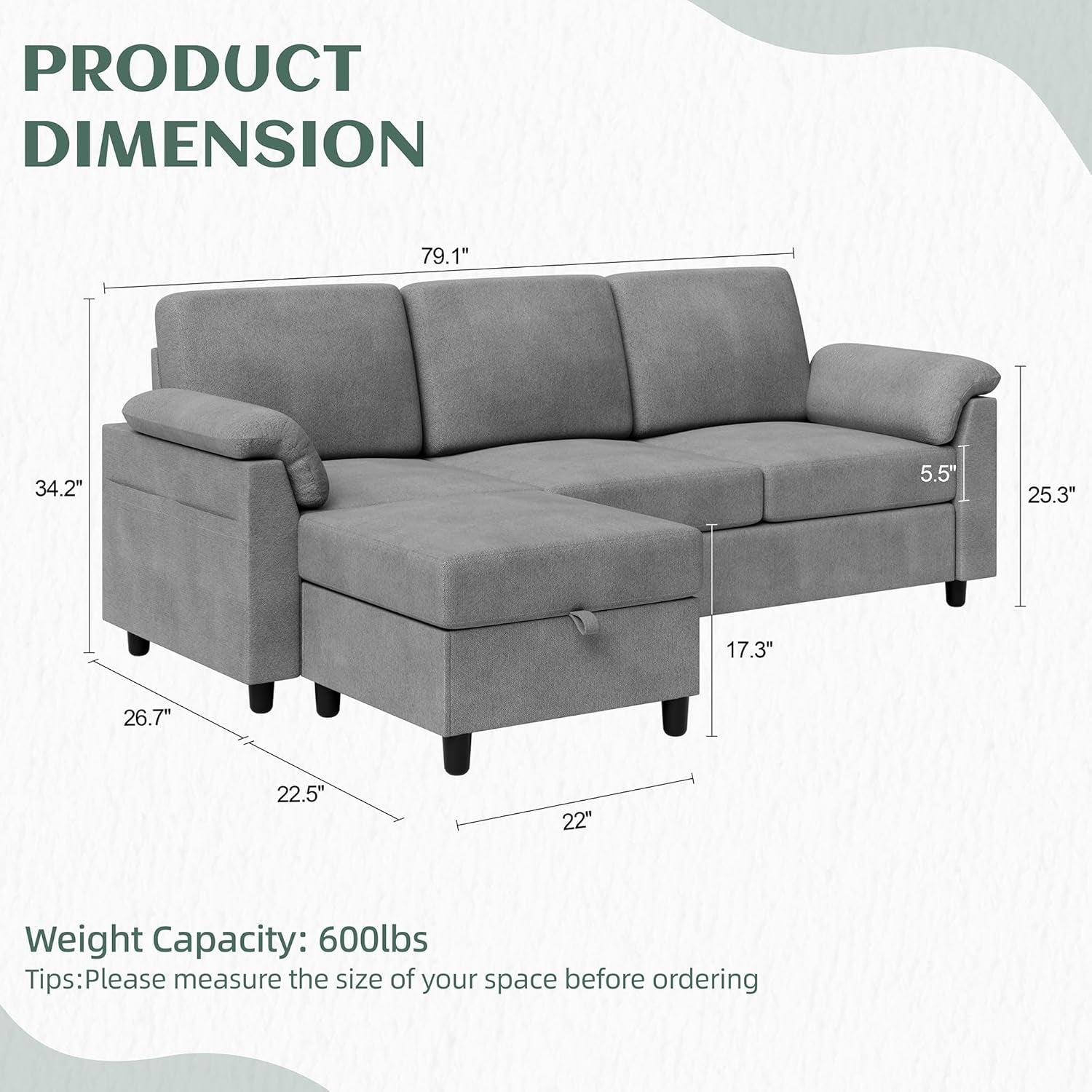 Convertible Sectional Sofa with Storage Ottoman for Small Spaces