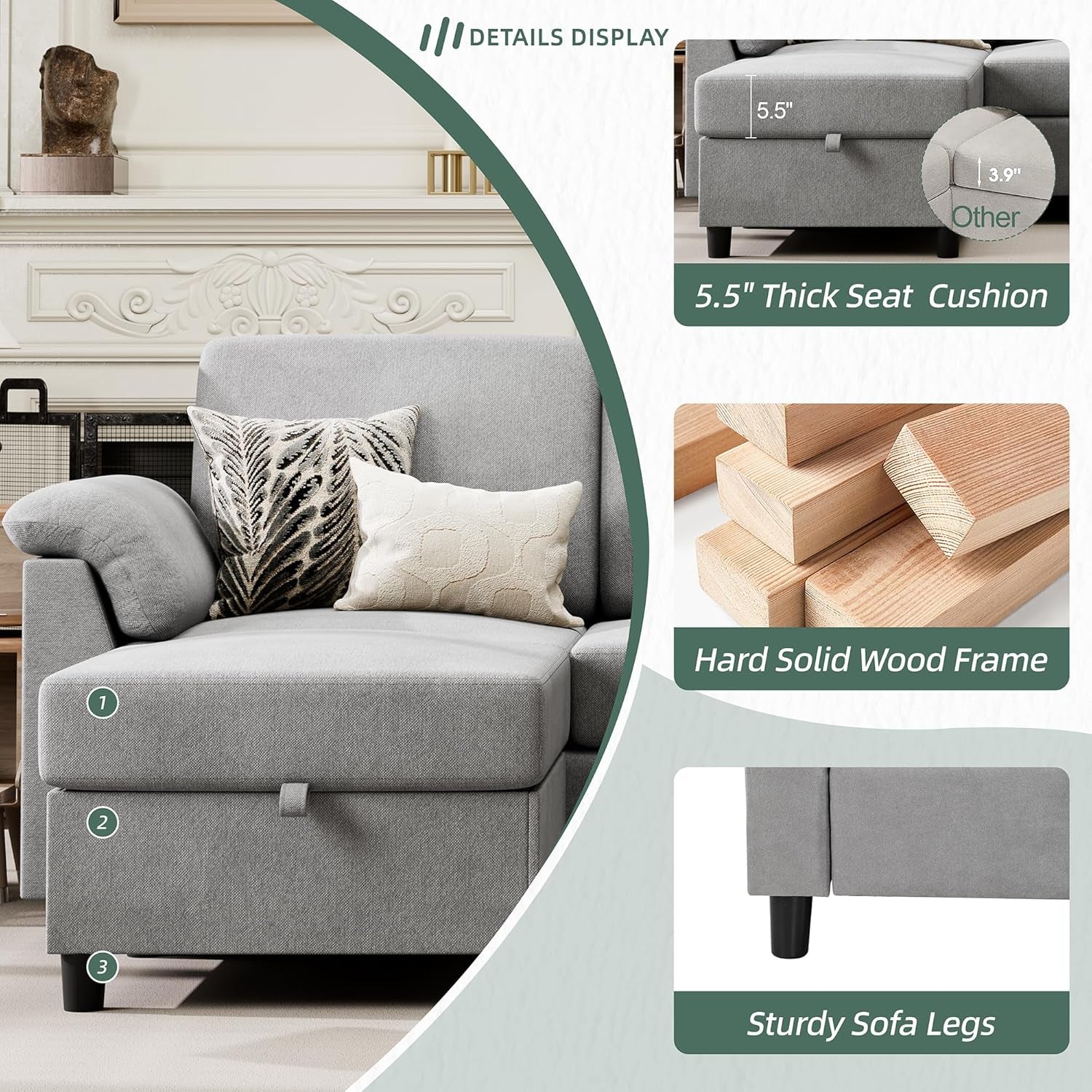Convertible Sectional Sofa with Storage Ottoman for Small Spaces