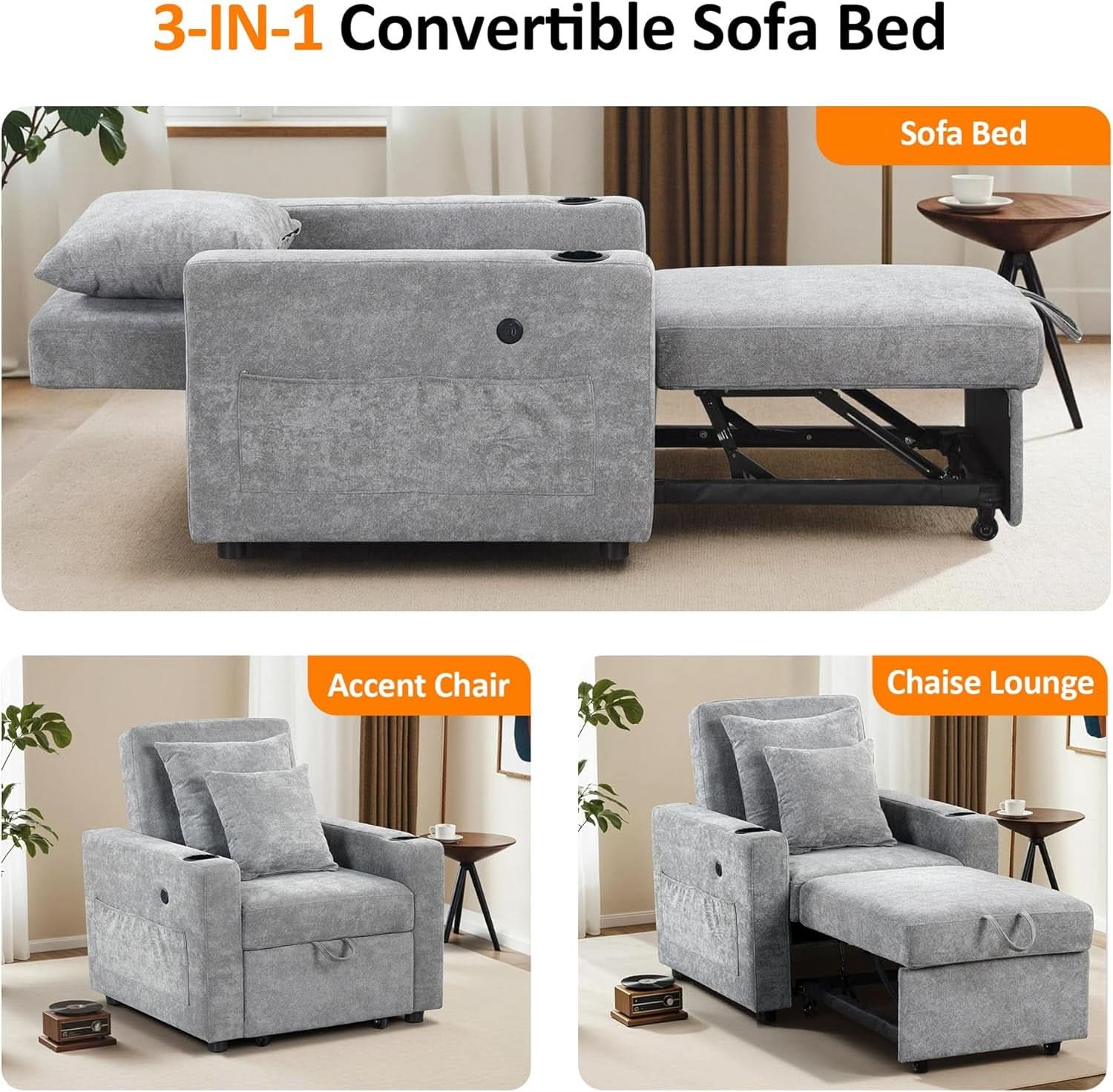Convertible Sleeper Chair Bed With Linen Upholstery