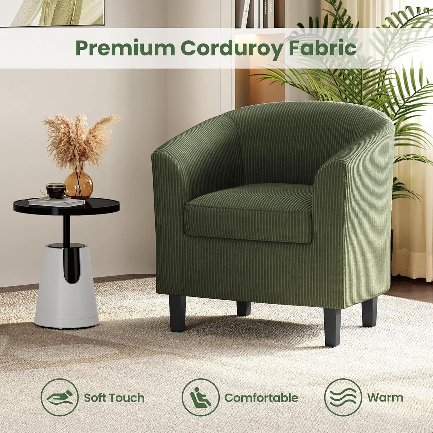 Corduroy Barrel Chairs Set of 2 Dark Green Upholstered