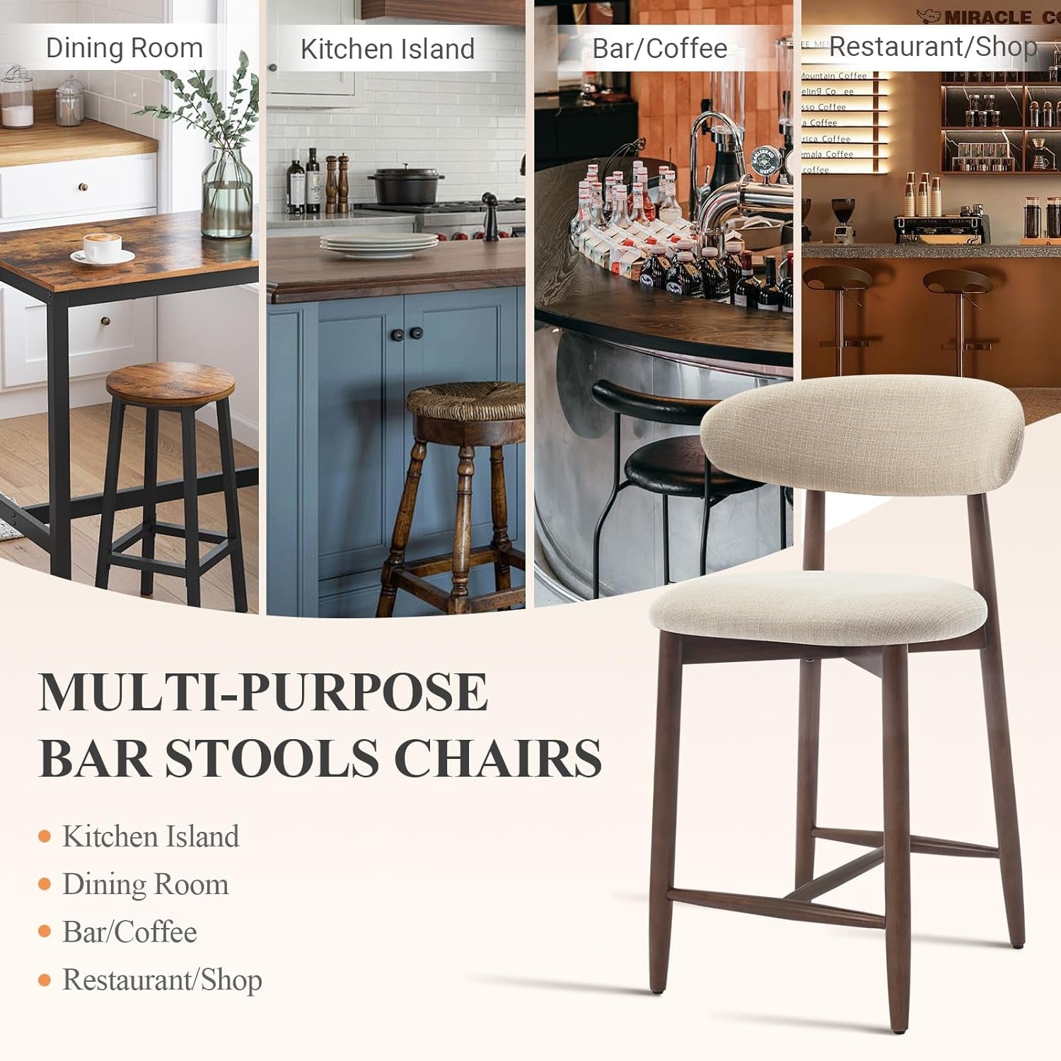 Counter Height Bar Stools Set Of 3 With Back Beige