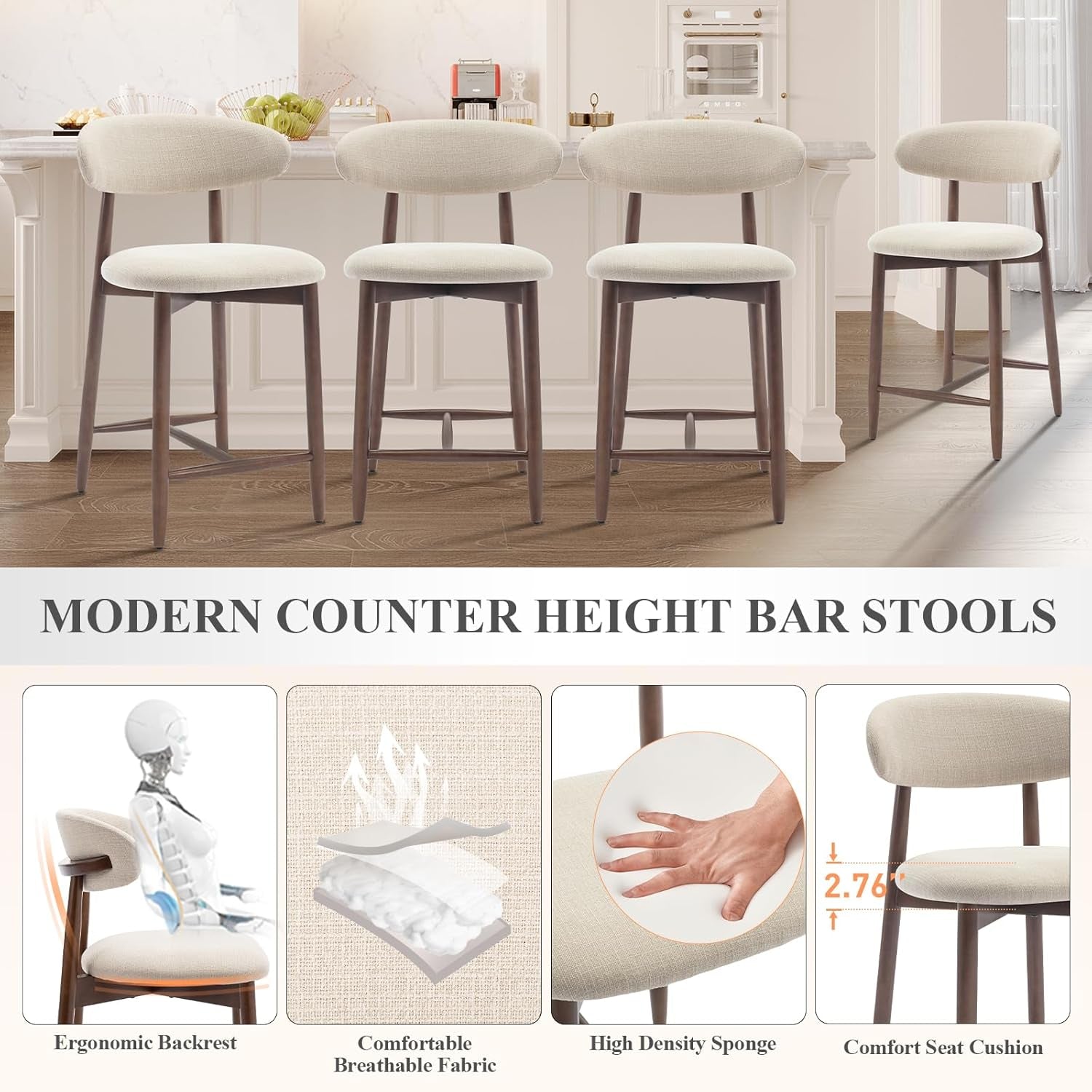 Counter Height Bar Stools Set Of 3 With Back Beige