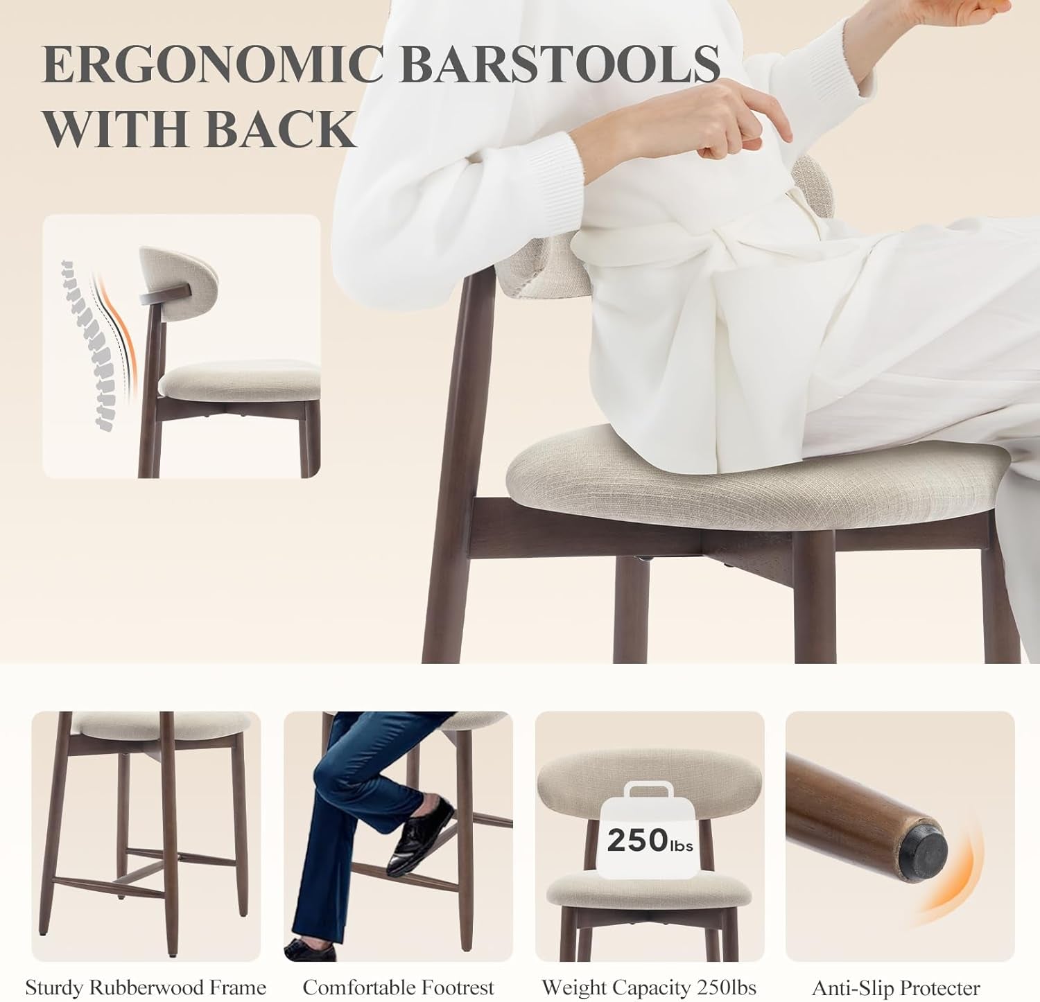 Counter Height Bar Stools Set Of 3 With Back Beige