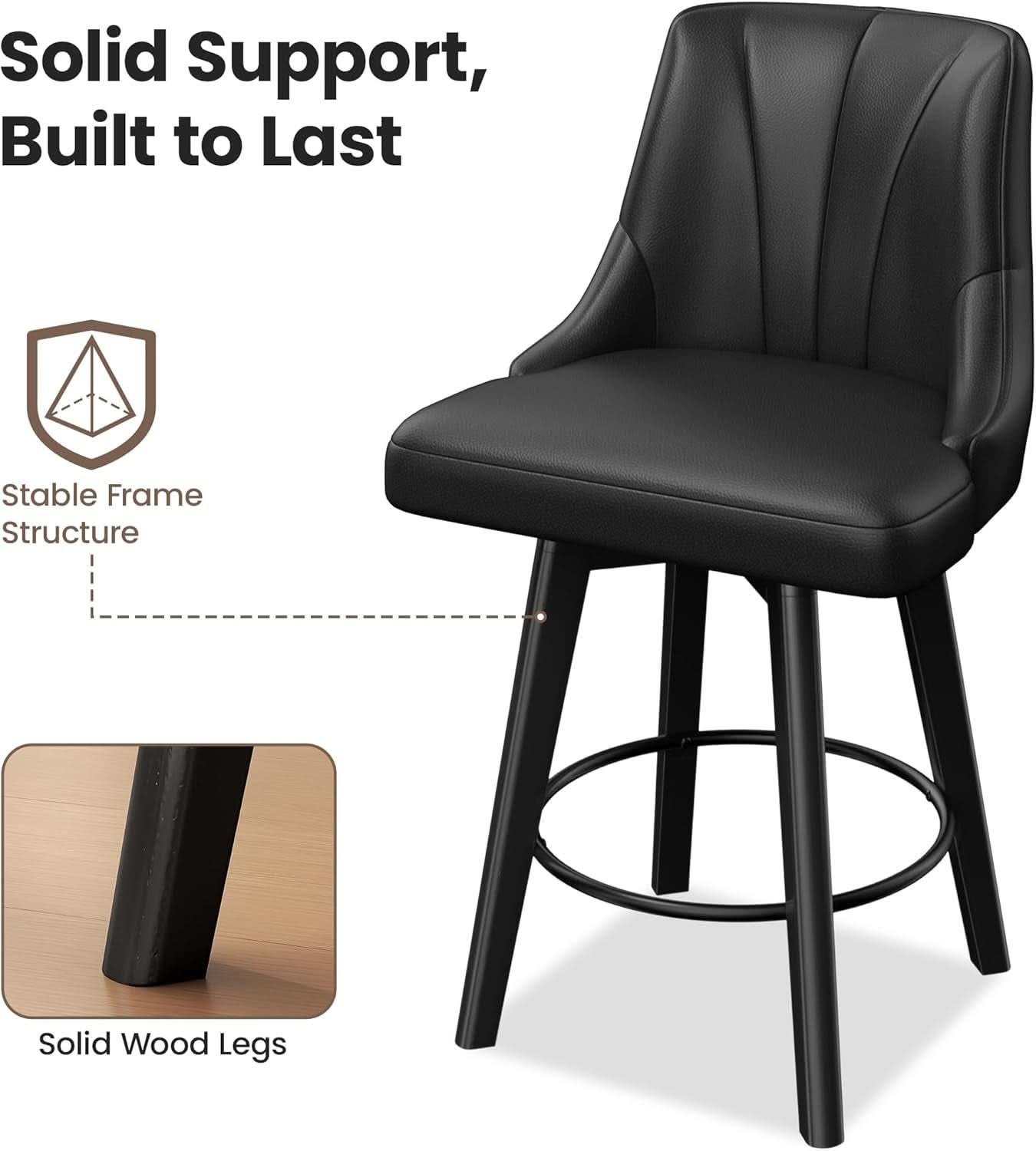 Counter Height Swivel Bar Stool 24 Inch Set Of 3 Black PU Leather