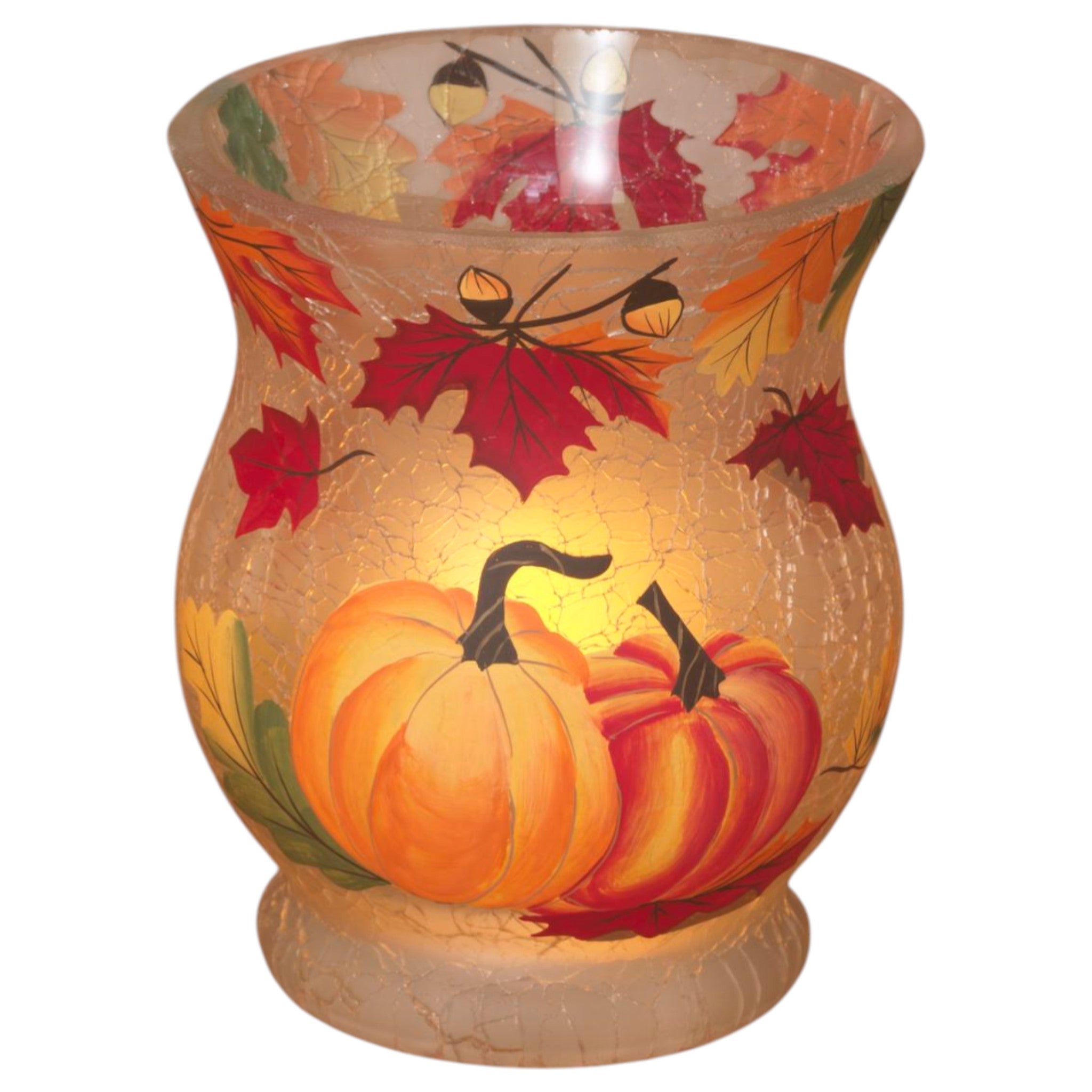 Crackle Glass Harvest Hurricane Candle Holder - Leaves and Pumpkins