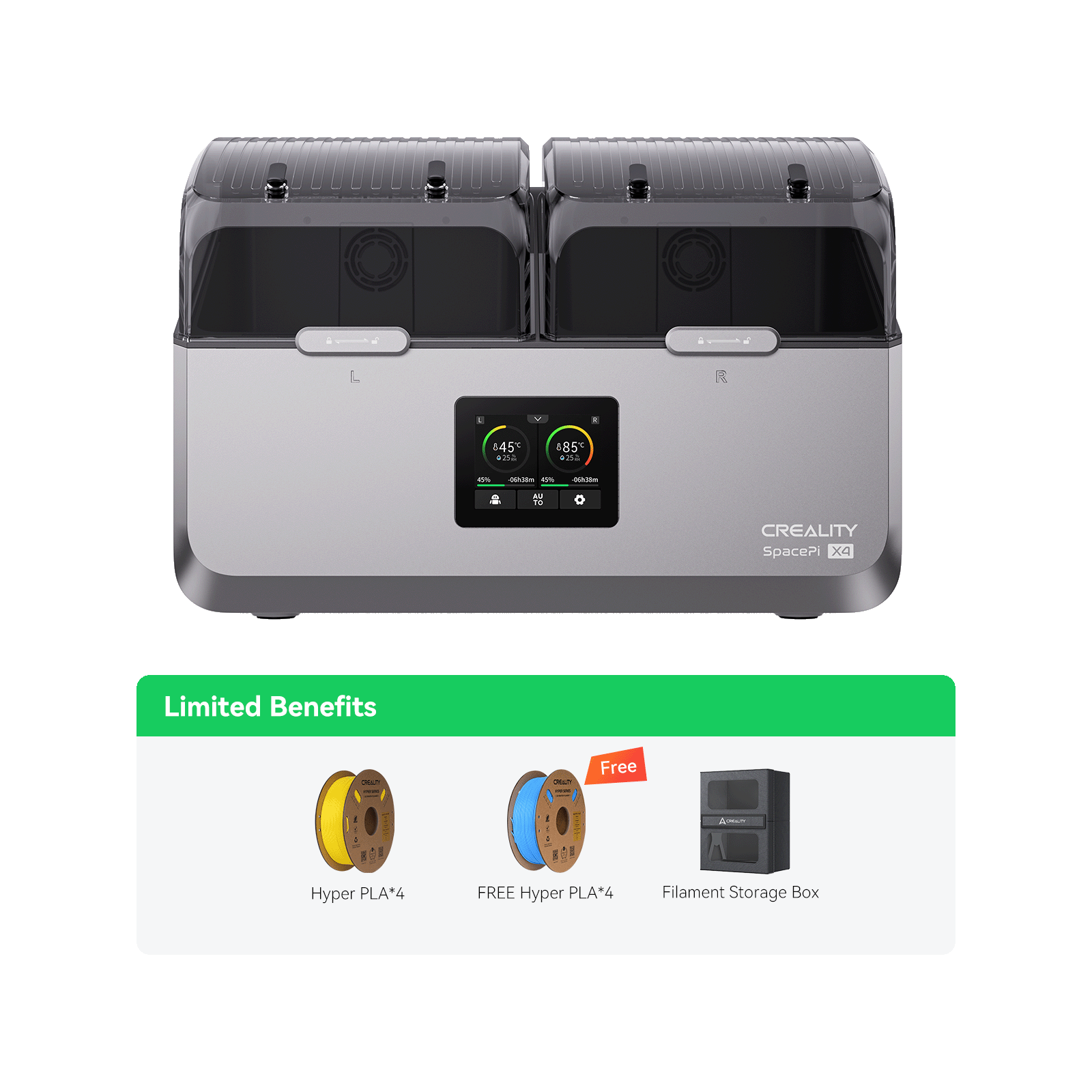 Creality SpacePi X4 4-Spool 85°C Dual Chamber Filament Dryer and Printer