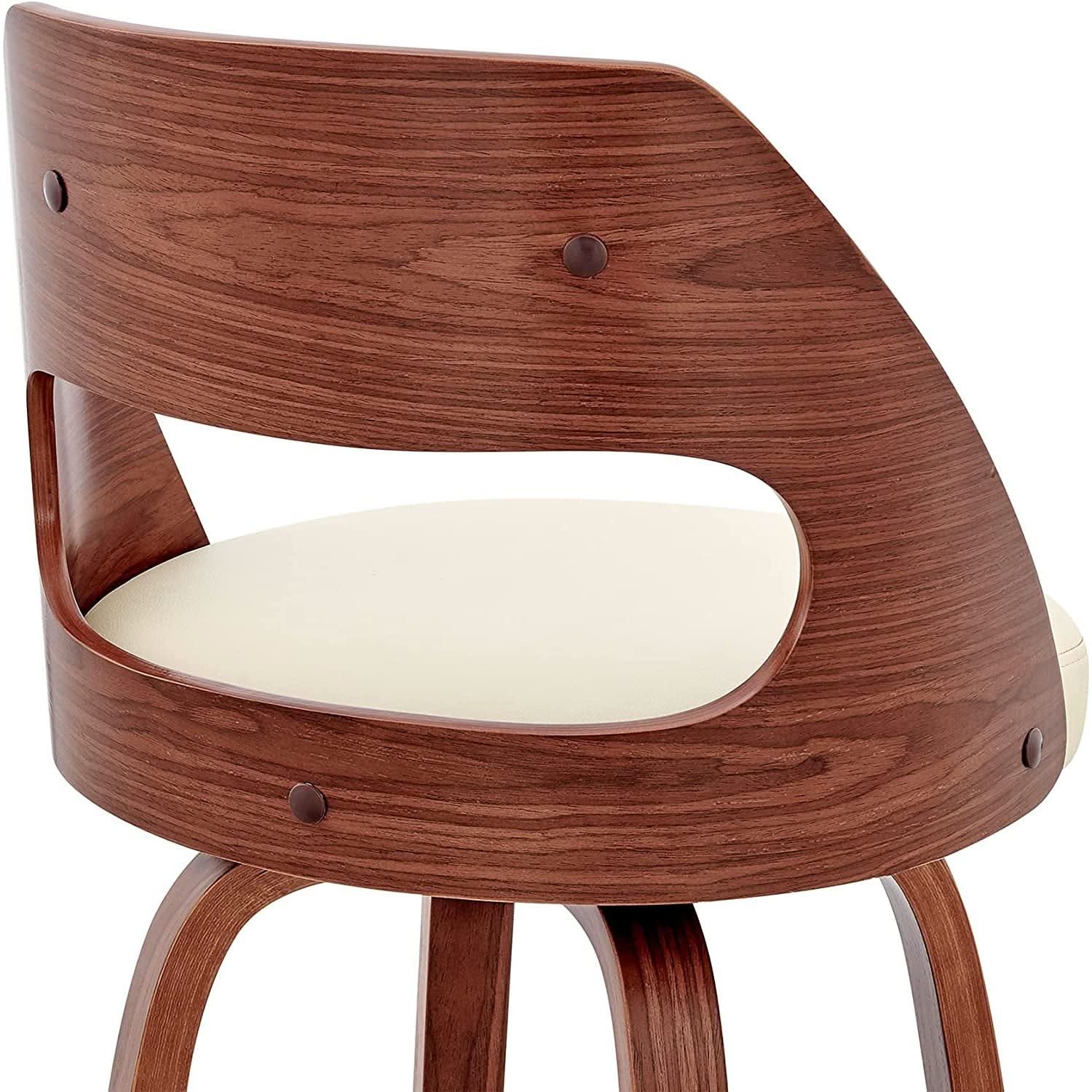 Cream Faux Leather Walnut Wood Bar Stool Swivel 360 Degree