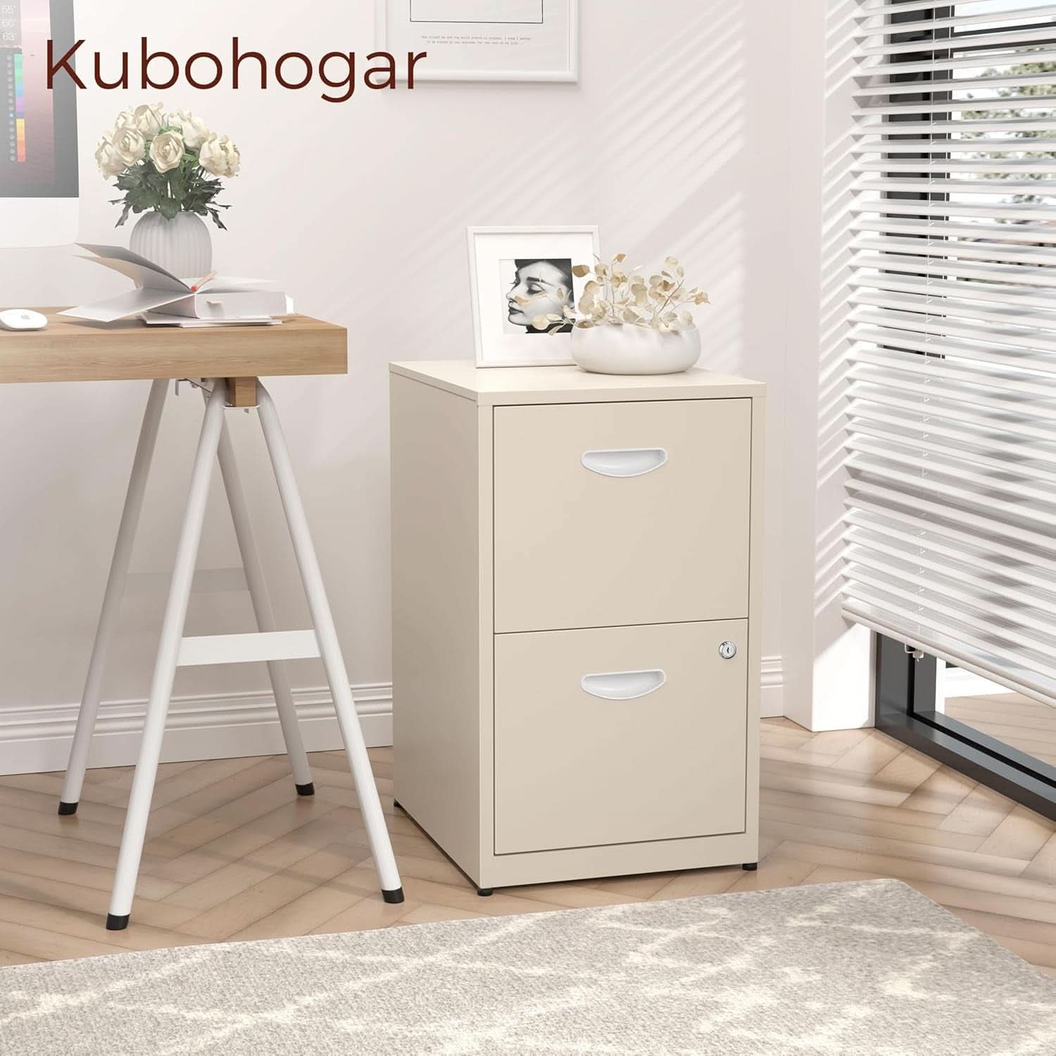 Cream Metal 2 Drawer Locking File Cabinet For Hanging Files A4 And Letter Documents
