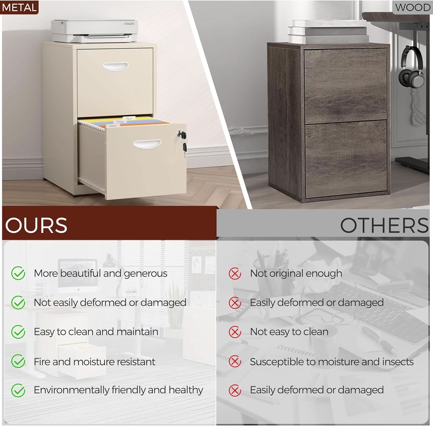 Cream Metal 2 Drawer Locking File Cabinet For Hanging Files A4 And Letter Documents