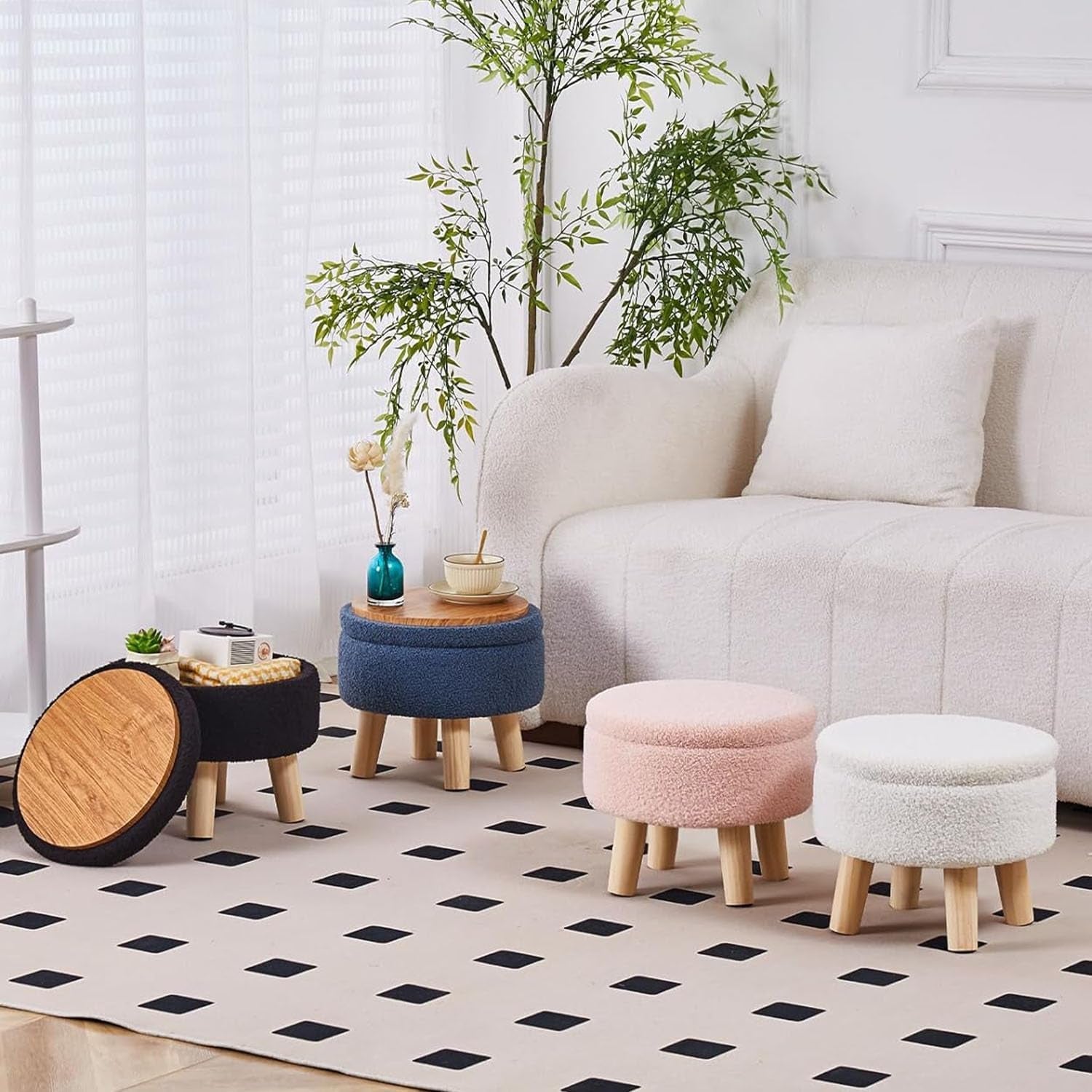 Cream Velvet Round Storage Ottoman With Solid Wood Legs