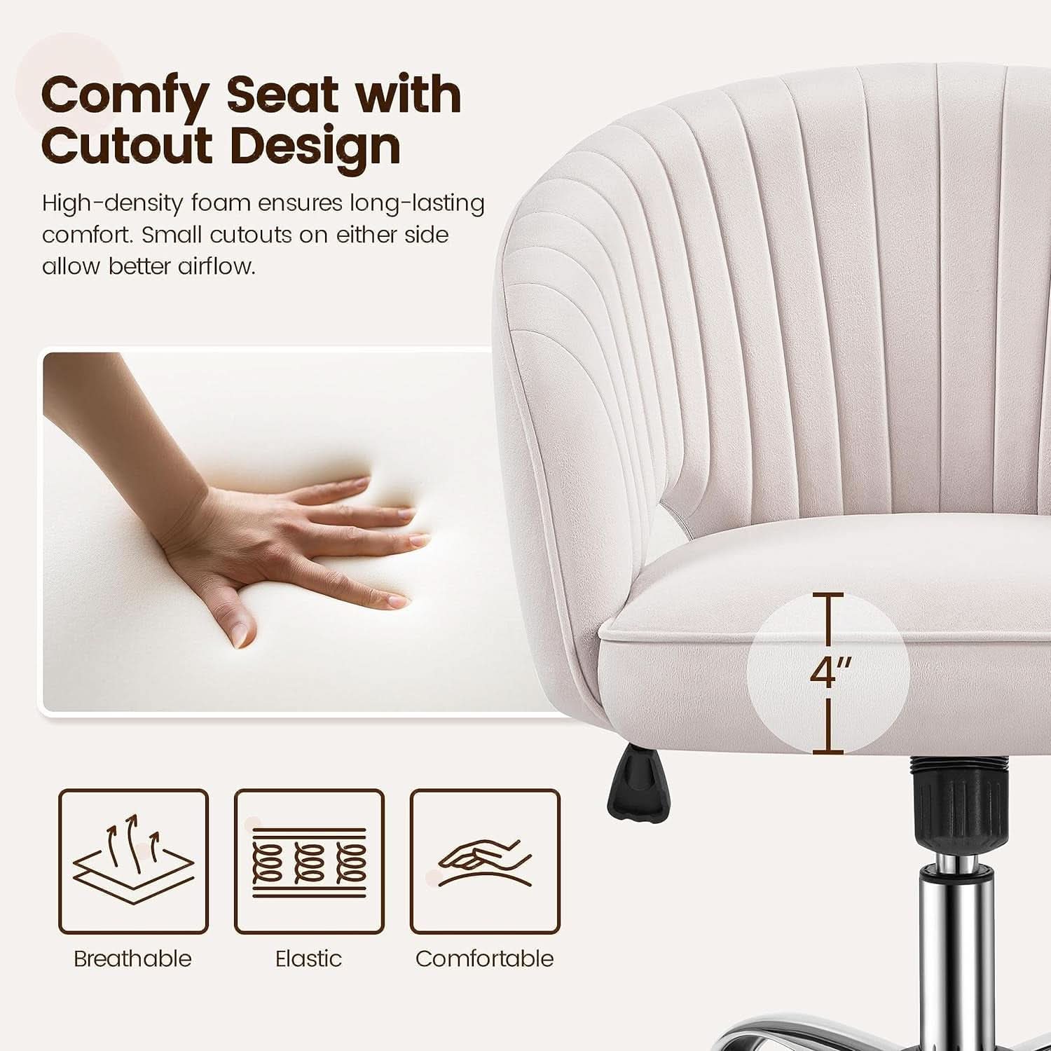 Cream Velvet Swivel Desk Chair With Wheels Tufted Back