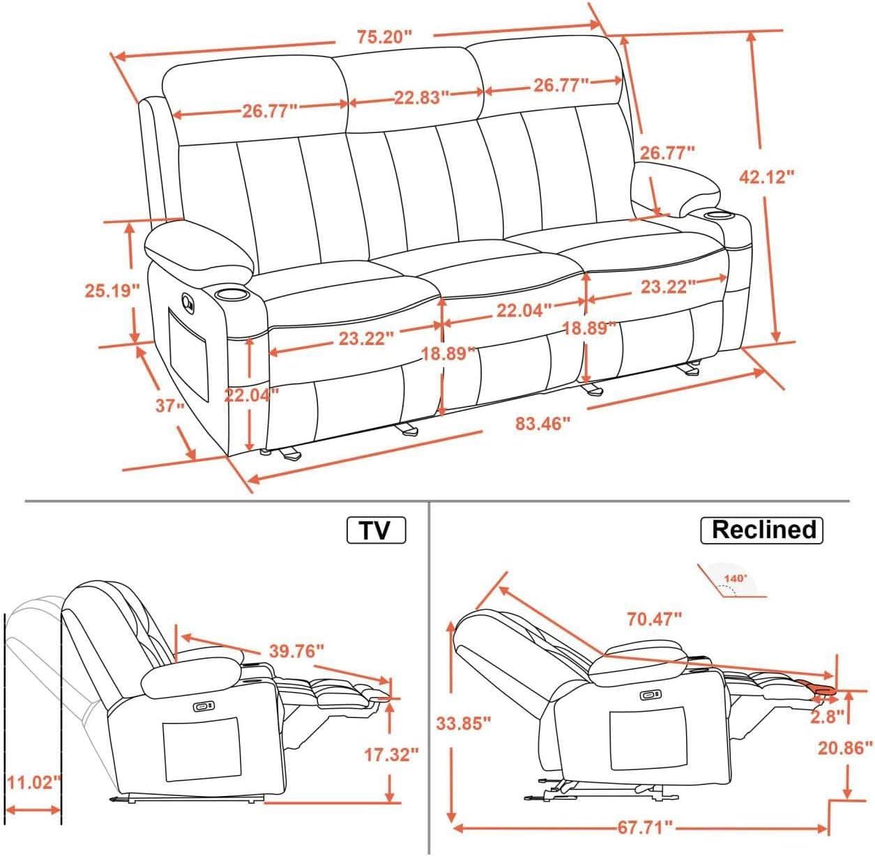 Cream White 3 Seat Power Reclining Sofa With USB Ports