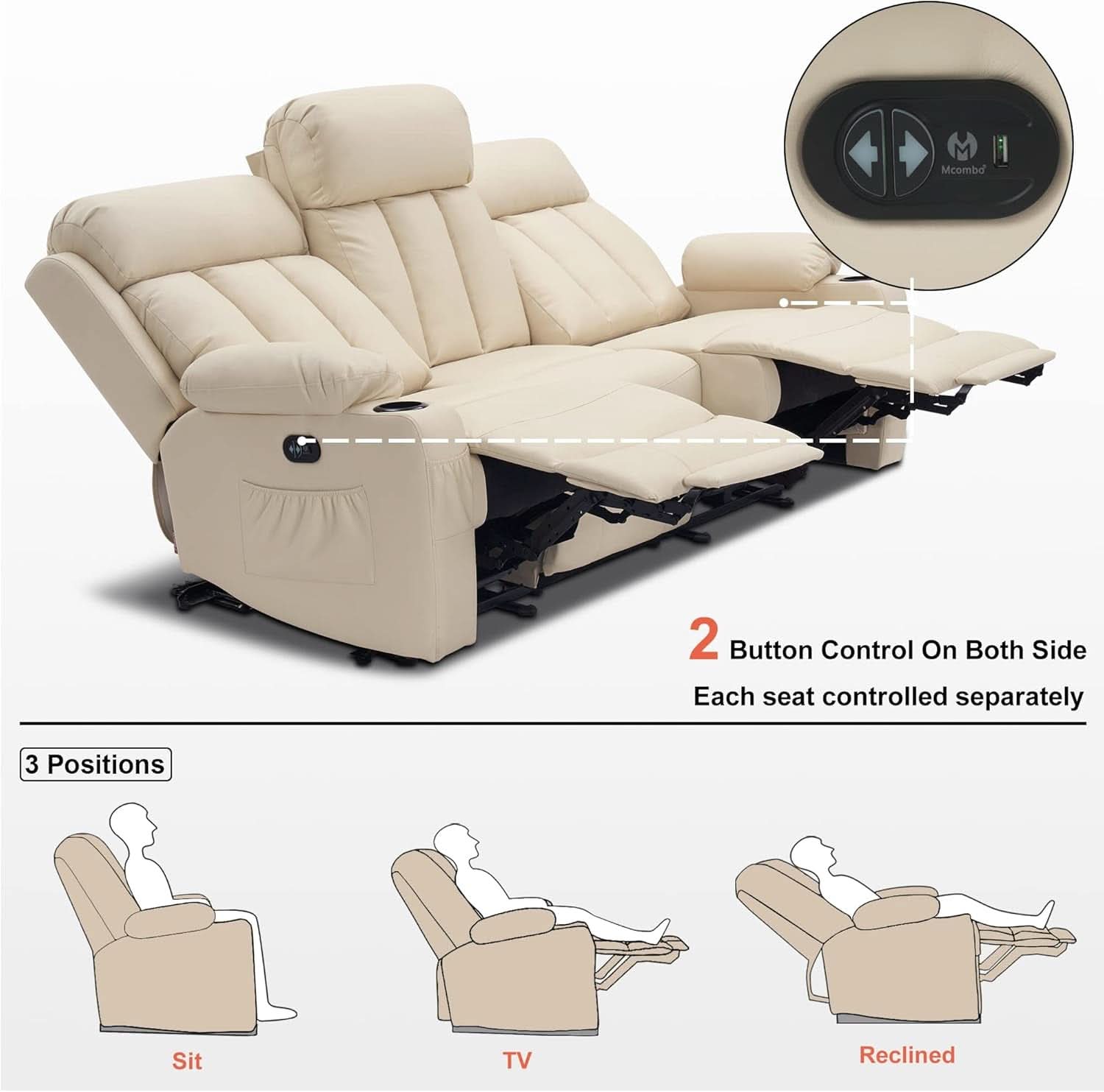 Cream White 3 Seat Power Reclining Sofa With USB Ports
