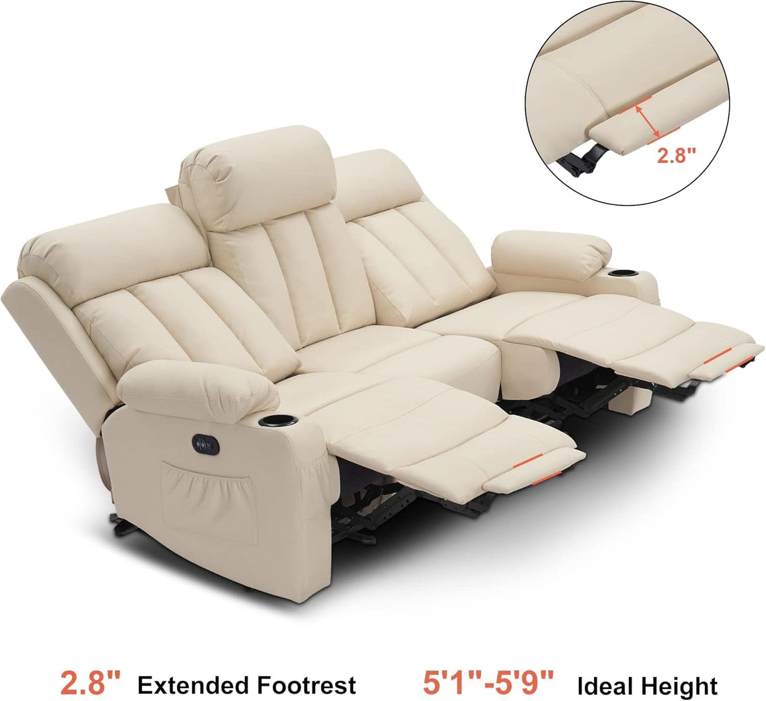 Cream White 3 Seat Power Reclining Sofa With USB Ports