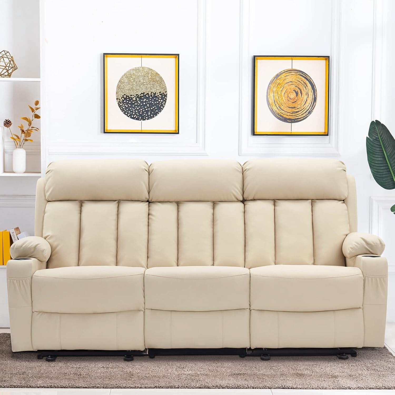 Cream White 3 Seat Power Reclining Sofa With USB Ports