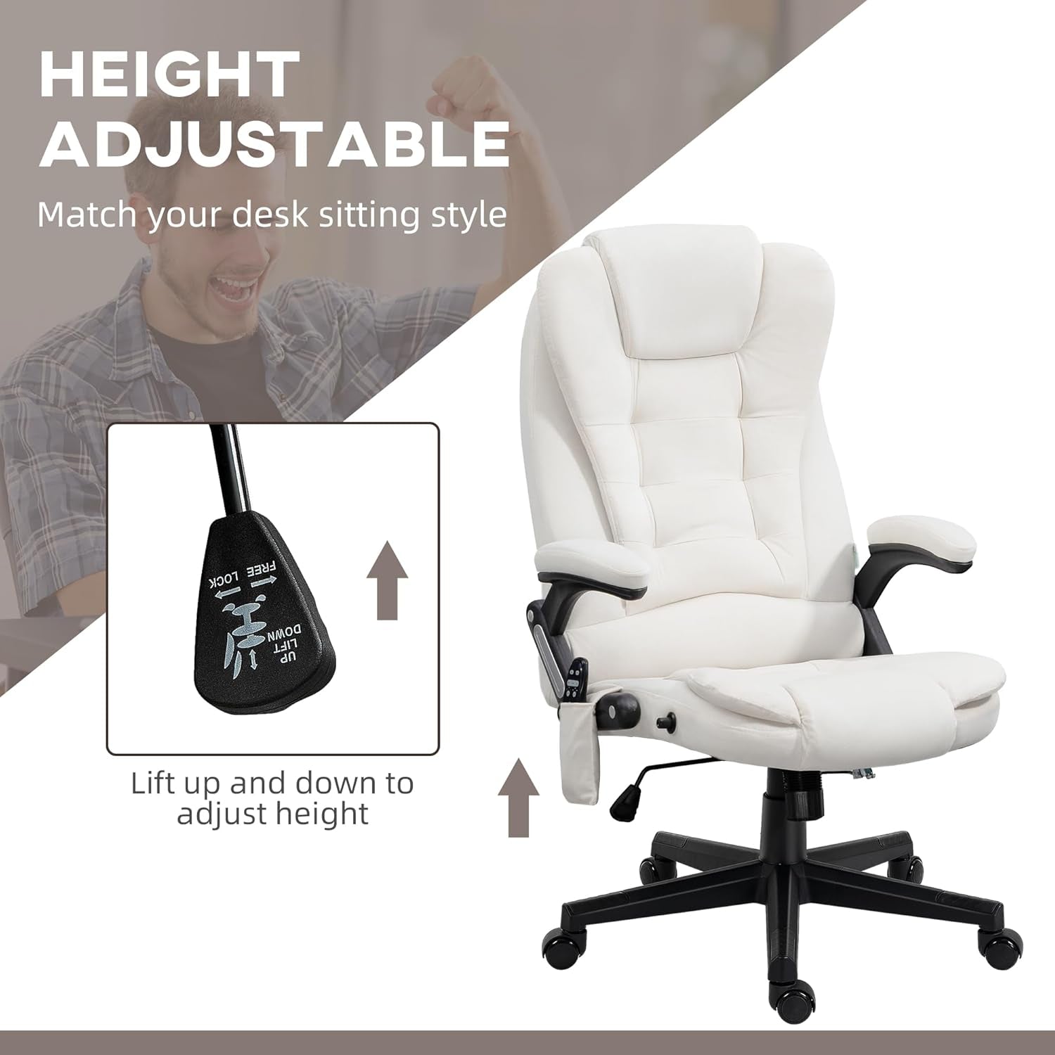 Cream White Velvet 6 Point Vibrating Heated Massage Office Chair