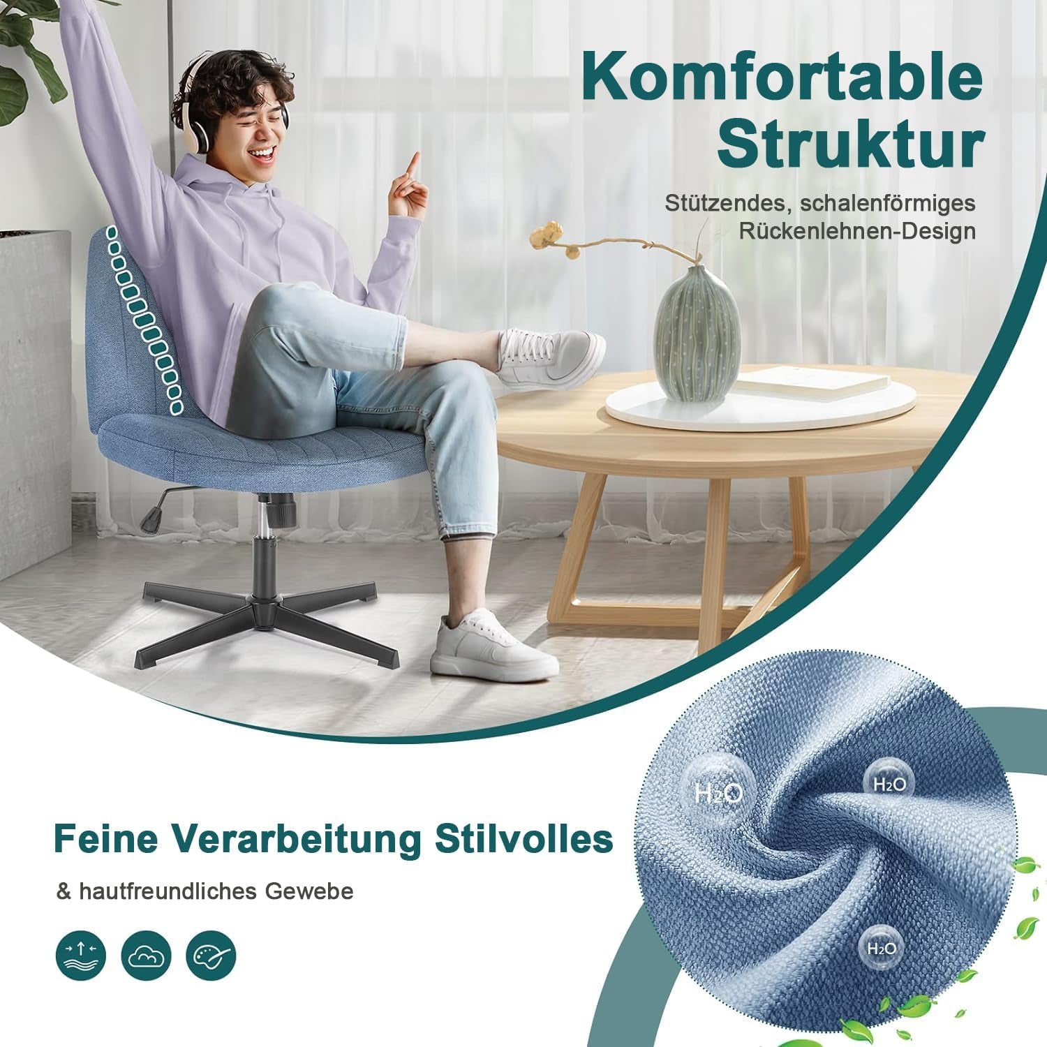 Cross Legged Armless Office Chair With Wide Fabric Seat