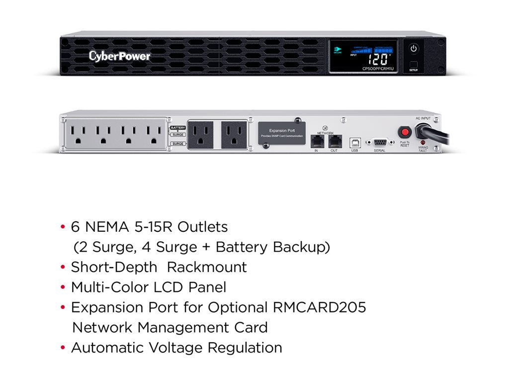 CyberPower PFC Sinewave Series CP500PFCRM1U - UPS (rack-mountable) - AC 120 V - 300 Watt - 500 VA - 7 Ah - USB, serial - output