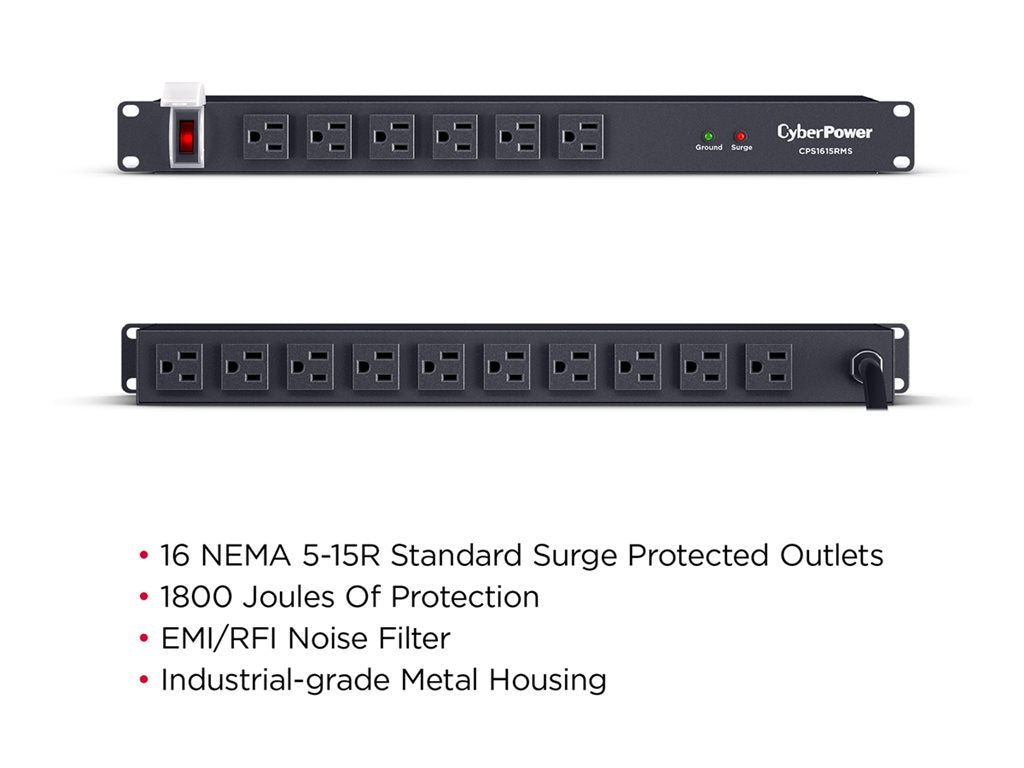 CyberPower Rackbar CPS1615RMS - Surge protector (rack-mountable) - AC 125 V - output connectors: 16 - 1U - 6 ft cord - black