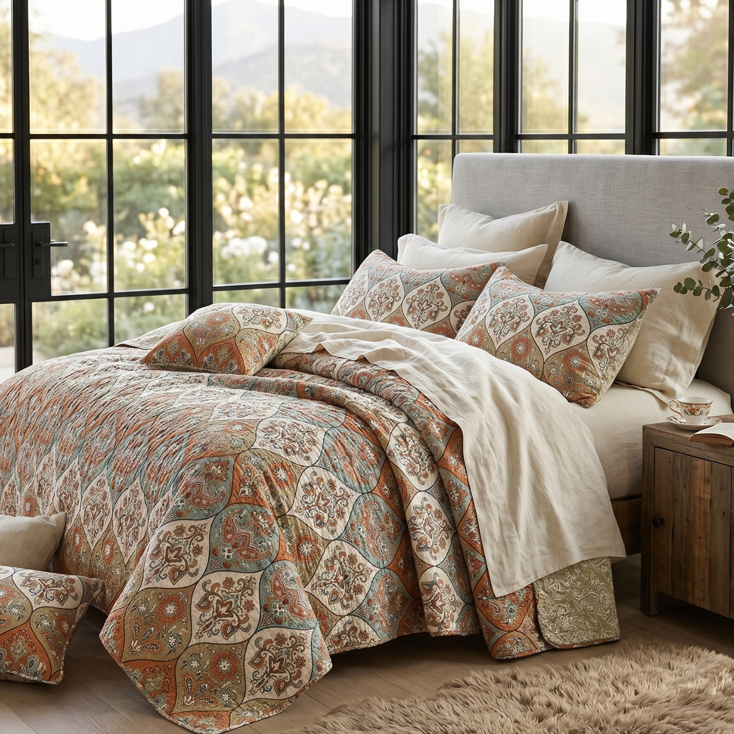 DaDa Bedding Bohemian Floral Paisley Garden Coral Teal Quilted Bedspread Set (LH1403)