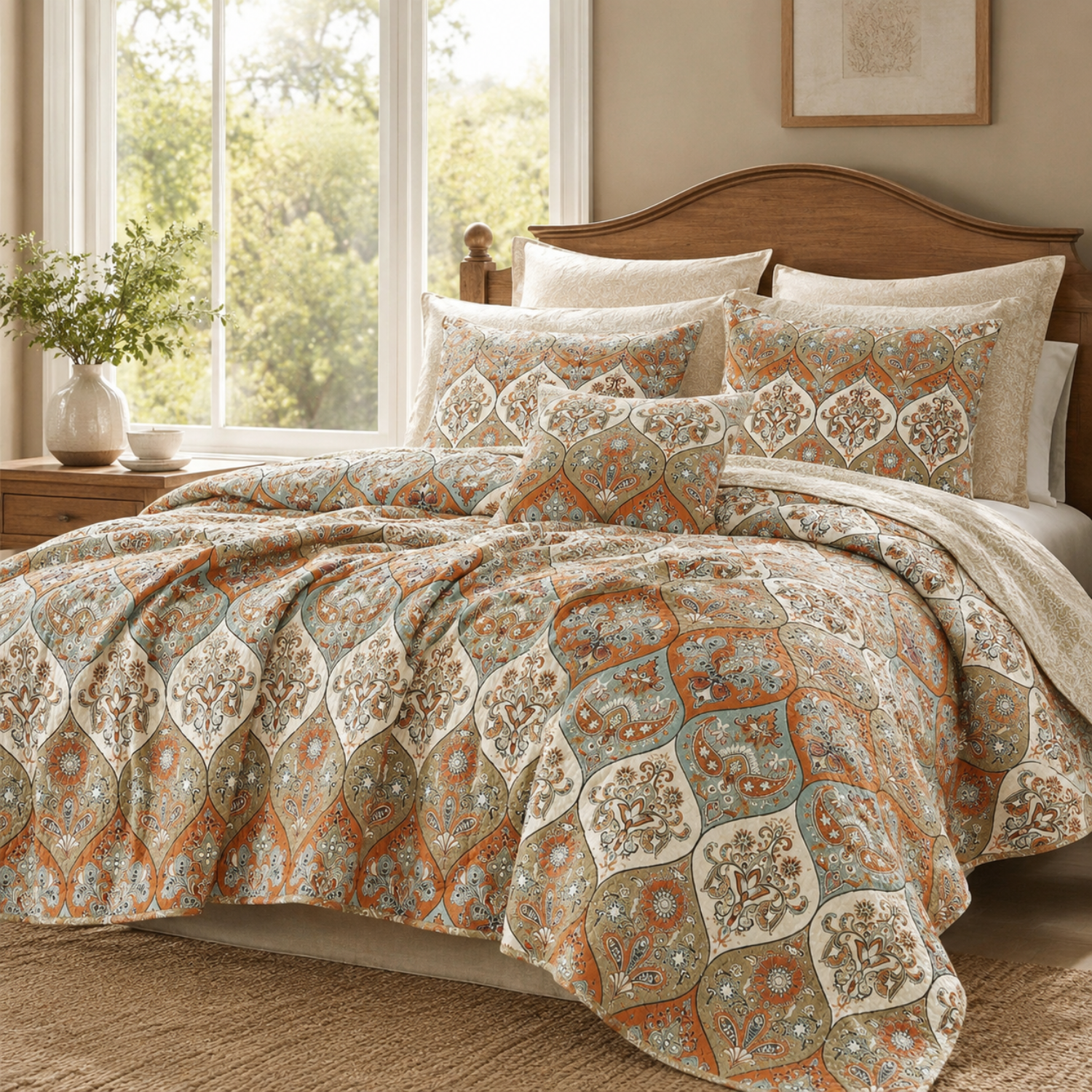 DaDa Bedding Bohemian Floral Paisley Garden Coral Teal Quilted Bedspread Set (LH1403)