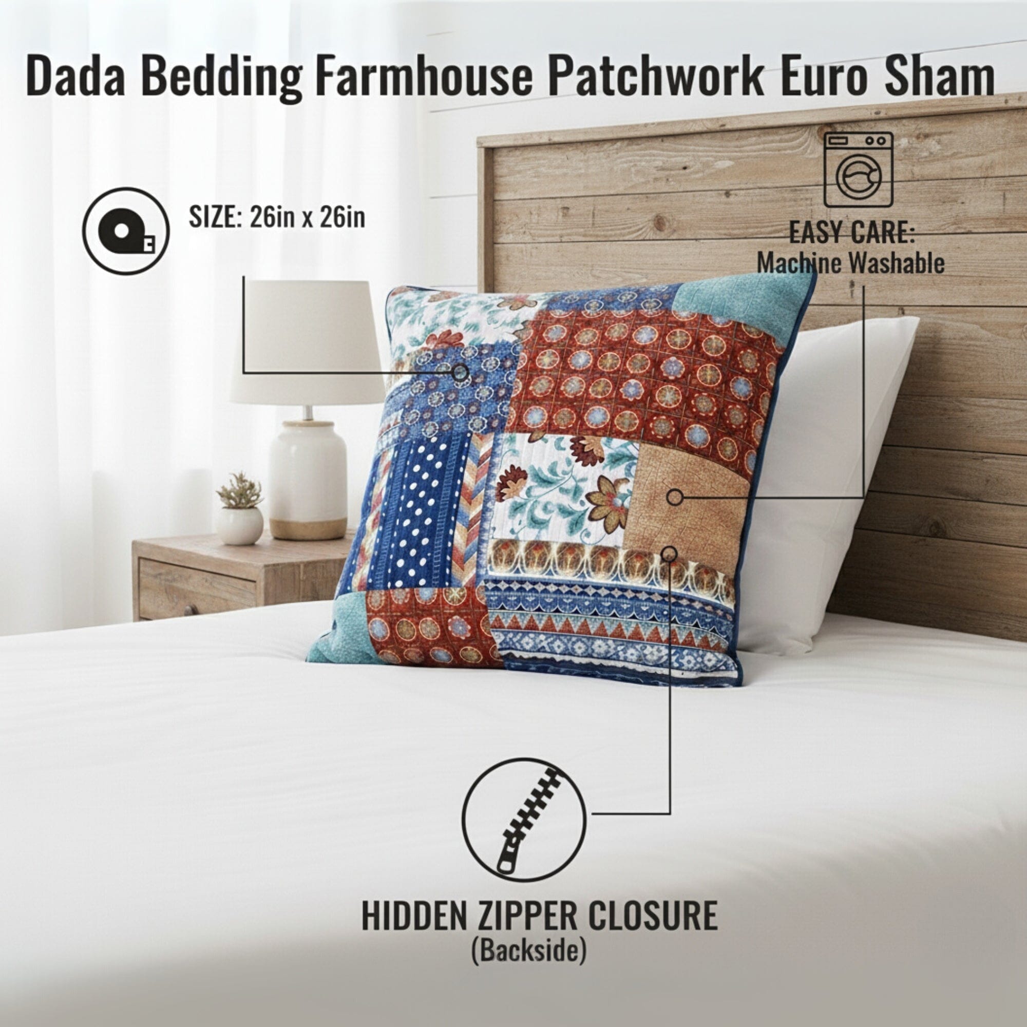 DaDa Bedding Bohemian Vibes Patchwork Floral Euro Pillow Sham Cover, 26" x 26" (JHW878)