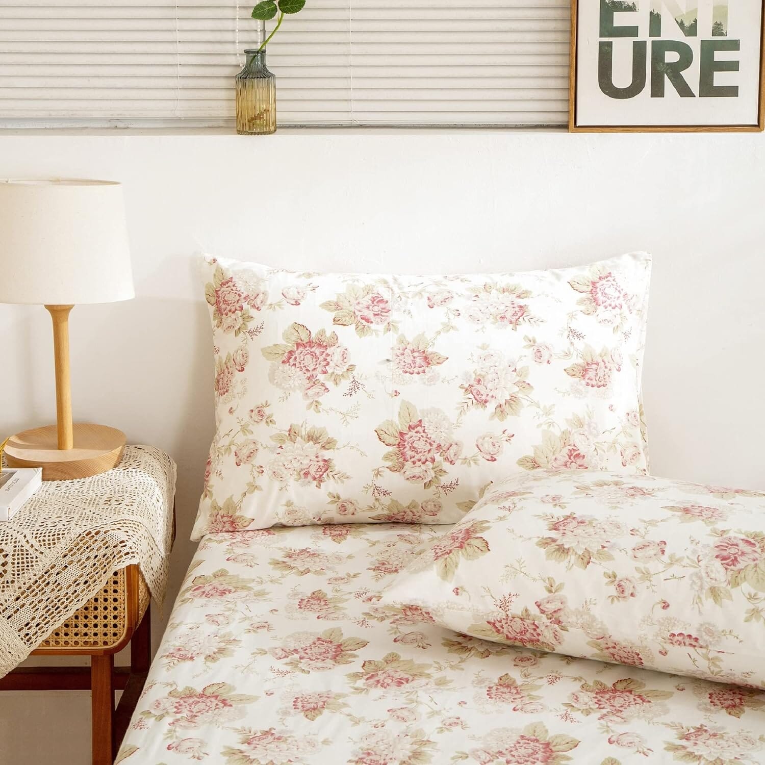 DaDa Bedding Hint of Mint Dainty Cottage Floral Roses Cotton Fitted Sheet w/ Pillow Case (3036)