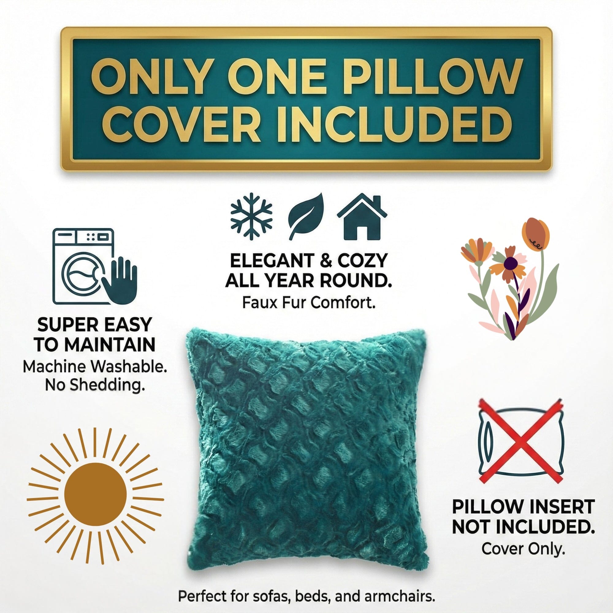 DaDa Bedding Jewel Tones Emerald Green Blue Luxury Faux Fur Throw Pillow Cover (171805)